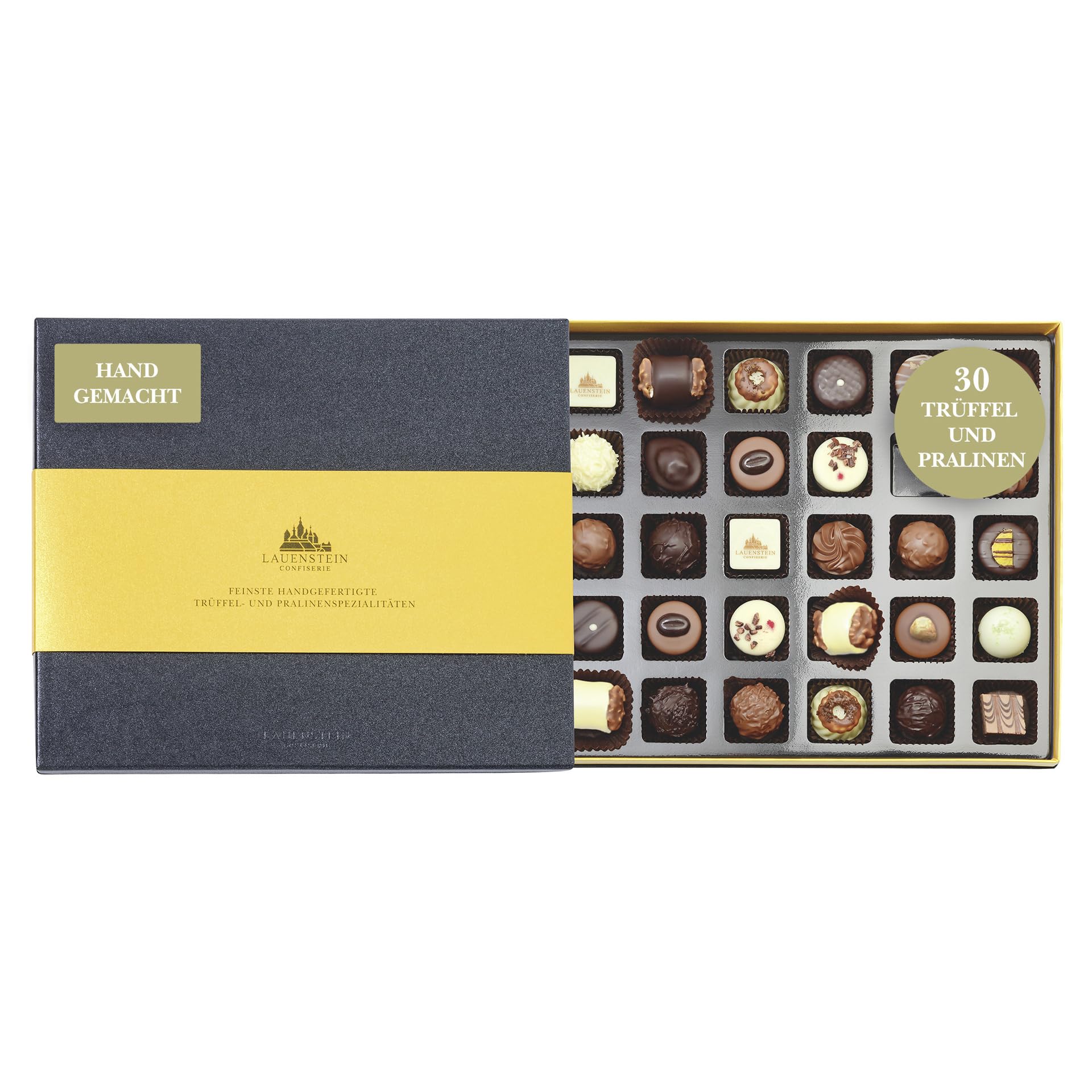 Lauensteiner Platinum XL | 395 g handgefertigte Pralinen und Trüffel | 20-fach sortiert, mit und ohne Alkohol | Ein köstliches Geschenk in edler Verpackung | 1er Pack