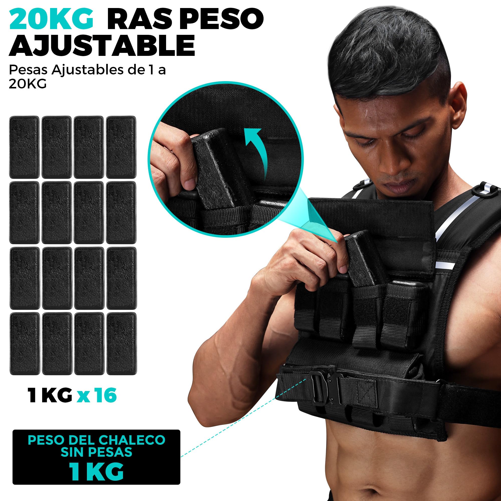 ONETWOFIT Chaleco Lastrado Ajustable 20 kg, Chaleco Peso Entrenamiento con Pesos de Hierro Extraíbles, Chaleco de Lastre con Extra Gruesas de 1,2 Pulgadas, Con bandas reflectantes