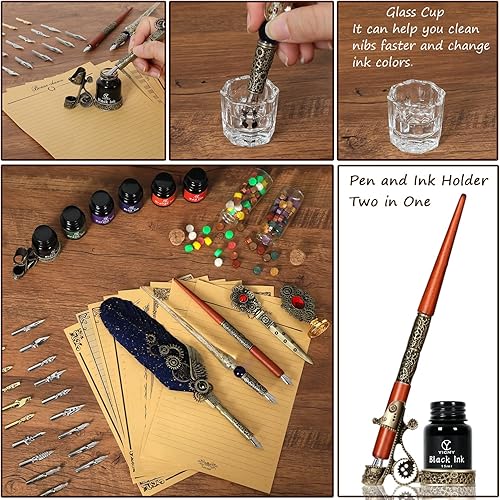 Miniatura 6 de Featehr - Juego de bolígrafos y tinta con 6 tintas coloridas y 8 papeles de letras, juego de bolígrafos de caligrafía para principiantes, bolígrafo