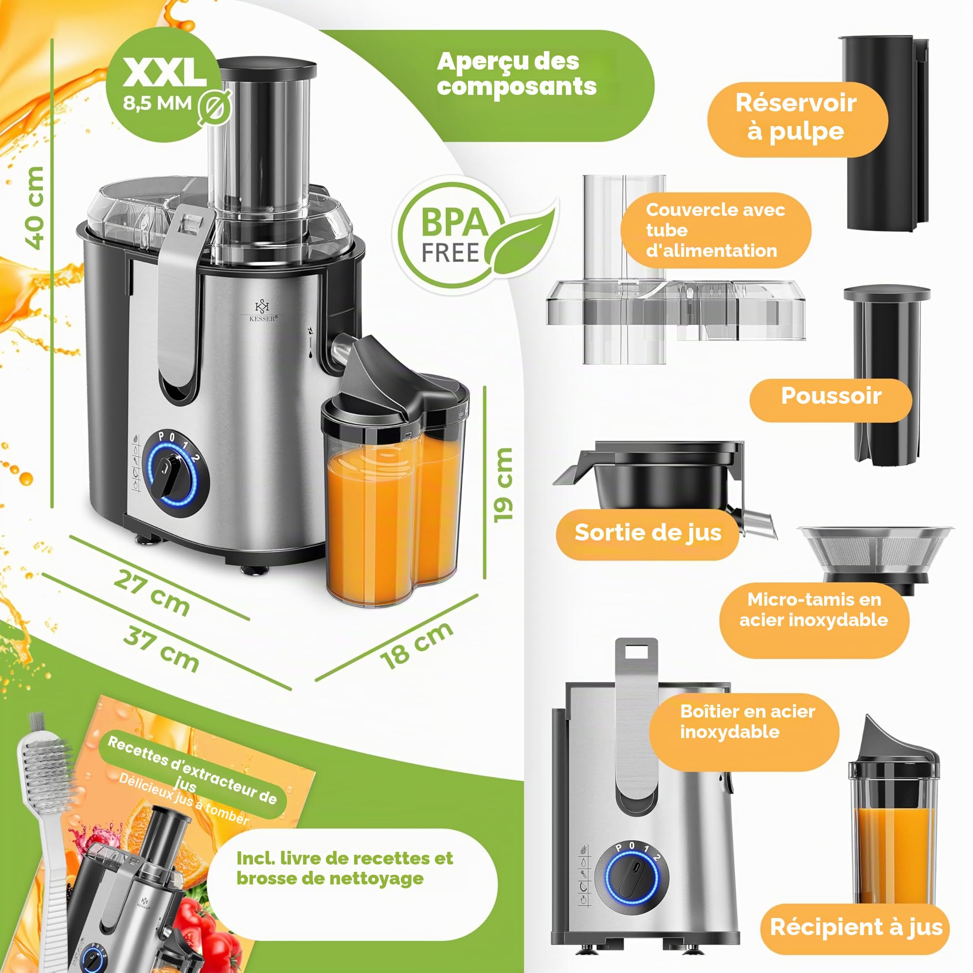 KESSER - Centrifugeuse en Inox Fruits et légumes 1100W, Extracteur de jus, Capacité 1L, Ouverture 85mm