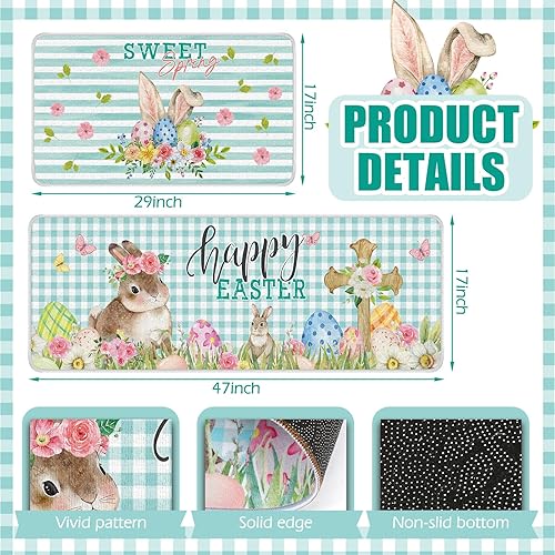 Miniatura 3 de Juego de 2 alfombras y tapetes de cocina de Pascua, decoración de cocina de Pascua de búfalo, búfalo, conejo, cruz, flores, tapete de cocina para