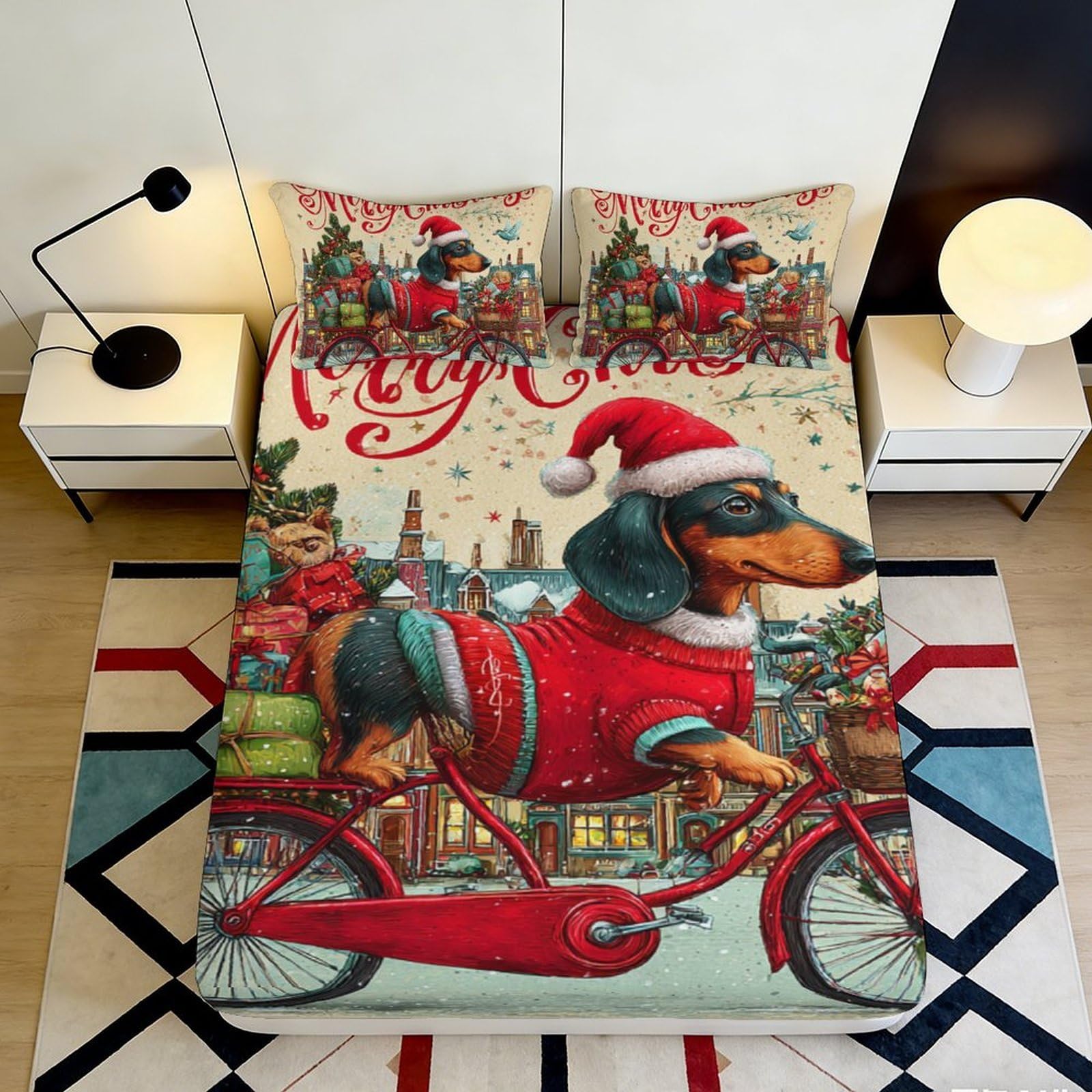 3D Printed Christmas Dachshund Fitted Sheet Microfiber Red Santa Dog Bed Cover for Bedroom Guest Room Decor 90x200x25cm