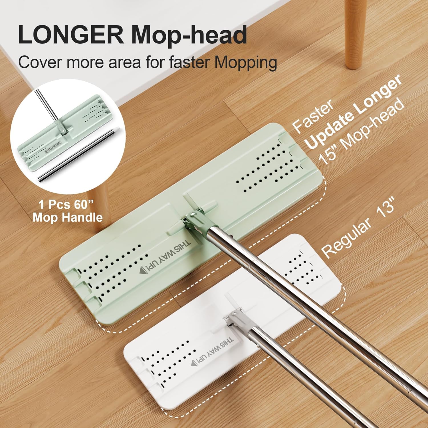 JOYMOOP 8L Large Capacity Flat Mop System (Light Green) with Extension Handle, Ideal for Floor, Window, and Wall Cleaning - Includes 3 Washable Microfiber Pads for Wet and Dry Use