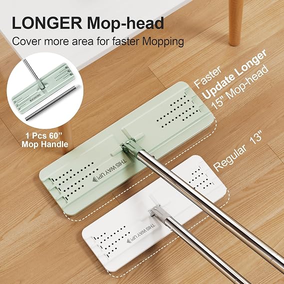 JOYMOOP 8L Large Capacity Flat Mop System (Light Green) with Extension Handle, Ideal for Floor, Window, and Wall Cleaning - Includes 3 Washable Microfiber Pads for Wet and Dry Use