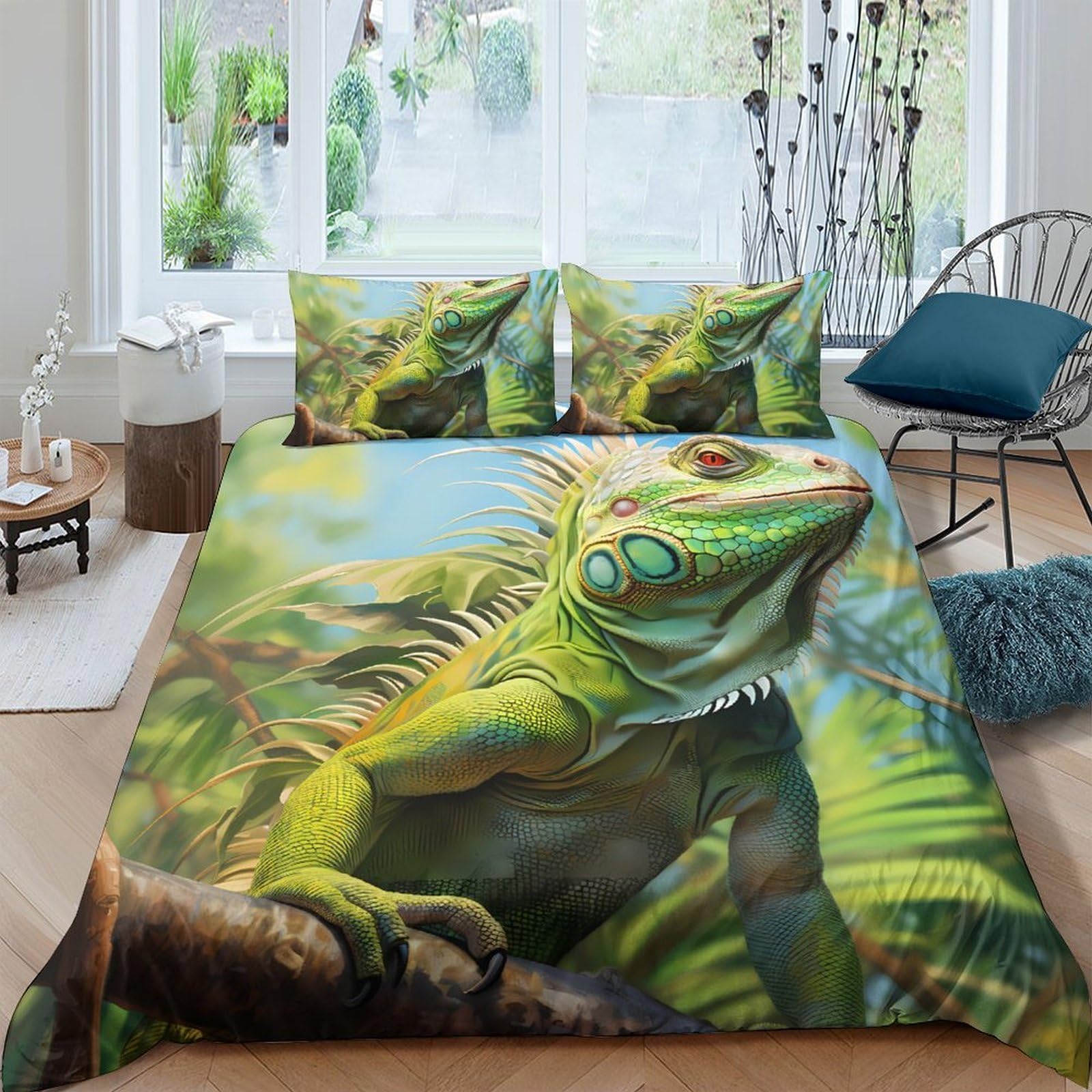 Ctjqhvkz Style-2 3D Printed Green Iguana Fitted Sheet Microfiber Soft Lizard Forest Mattress Cover For Bedroom Dorm Room Decor Single（135X200cm）