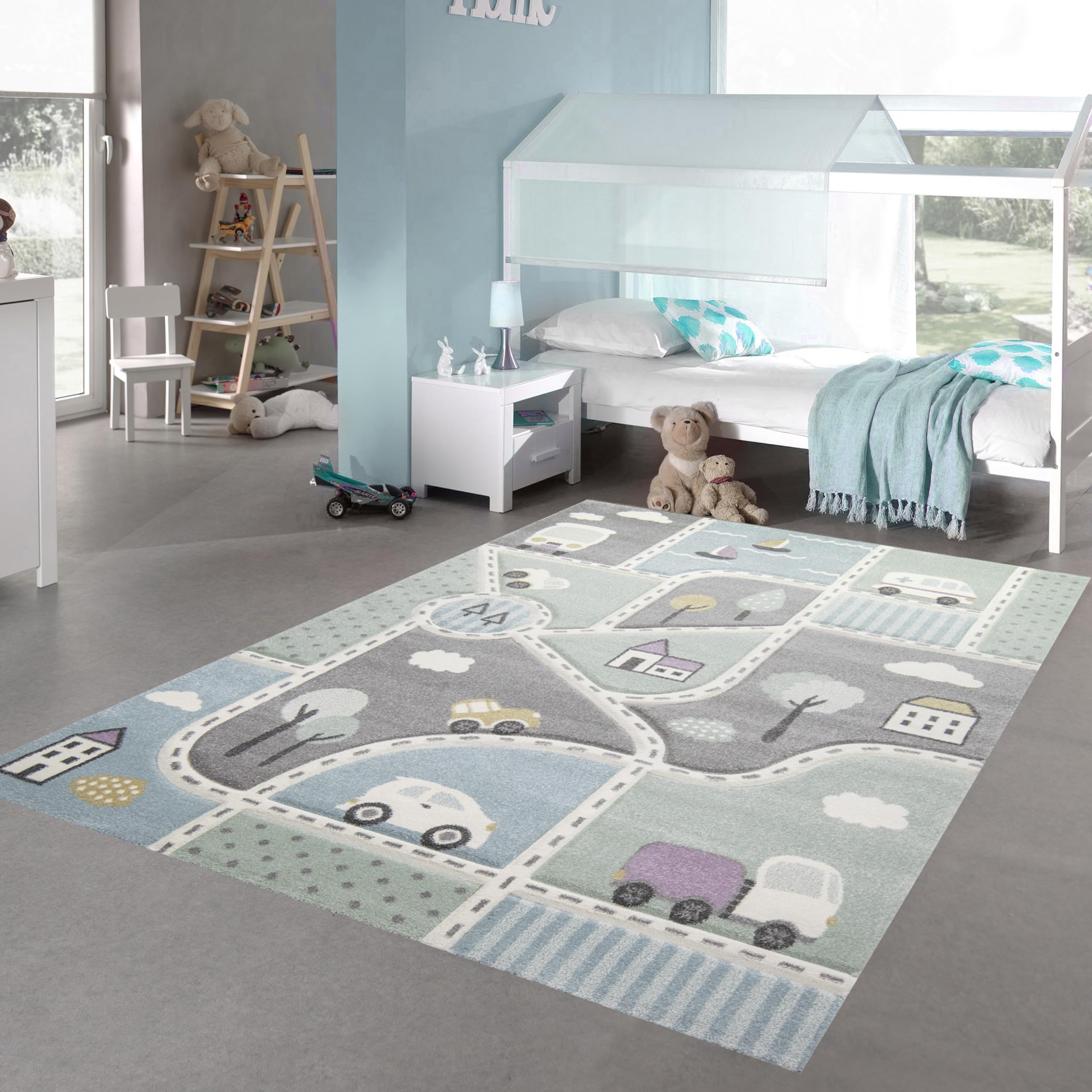 Tappeto bambini tappeto strada tappeto ragazzo strade automobili in verde blu Größe 140x200 cm