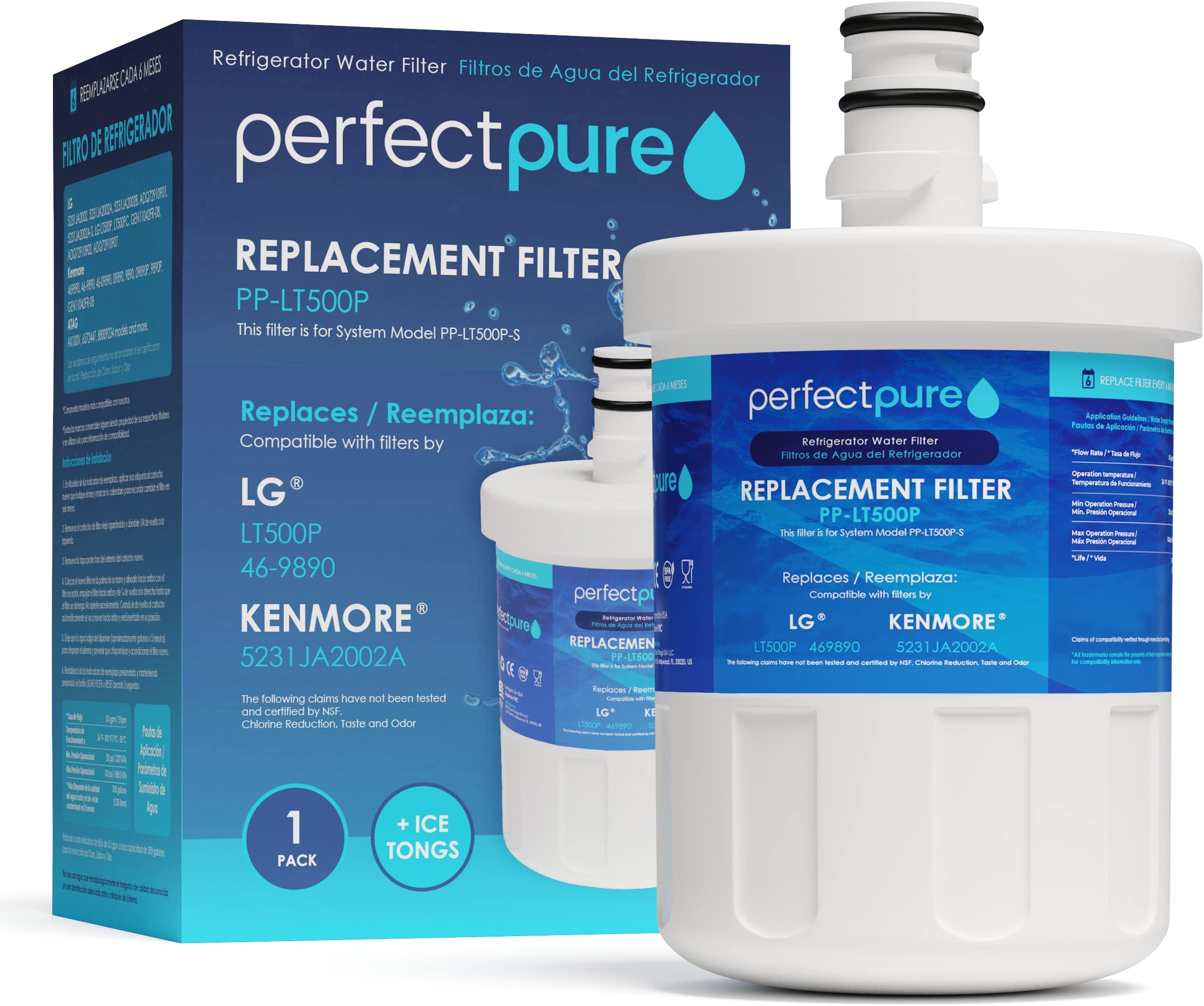 PerfectPure Water Filter, Compatible with LG 5231JA2002A, Whirlpool LG LT500P, Kenmore 46-9890 and Kenmore 9890 models, 1 pack