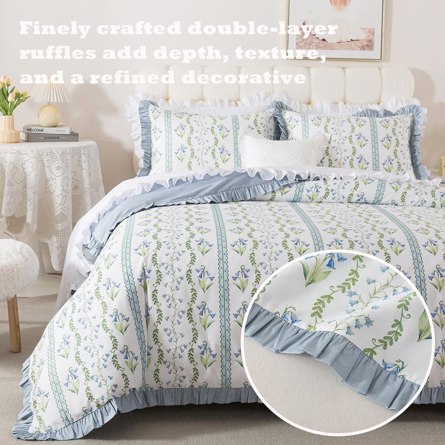 Brandream 100% Cotton Duvet Cover Set Queen, Blue Floral Lily of the Valley Floral Bedding with Ruffle Edge, Soft Breathable Vintage Grandmillennial Cottagecore, 3 Piece Zipper Closure