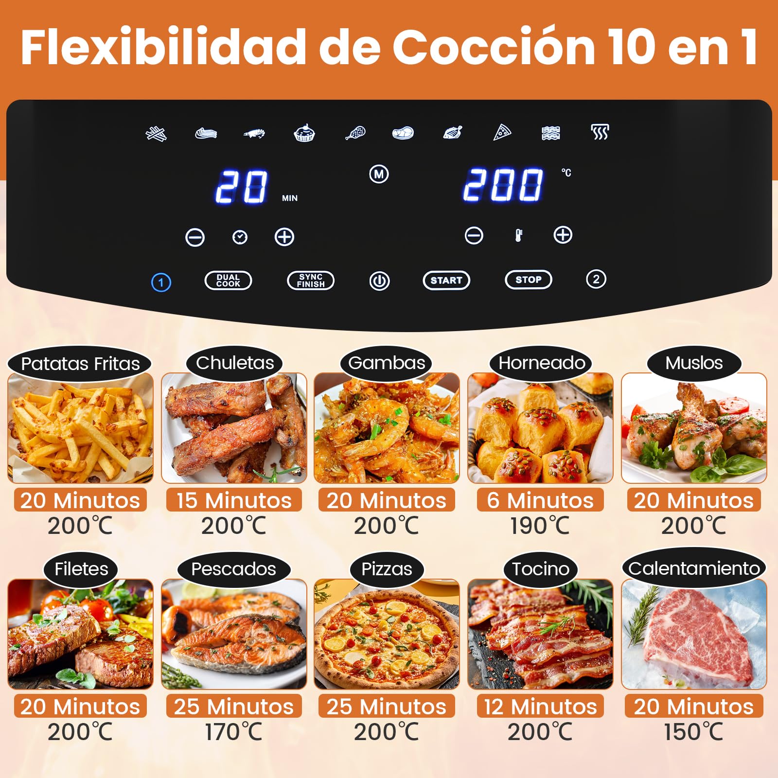 COSTWAY Freidora Aire 8L, XXL, 10 en 1 Air Fryer con Doble Cesta, Pantalla Táctil Digital y Aire Caliente de 360°, 2100W, 6-9 Personas, Apto para Lavavajillas