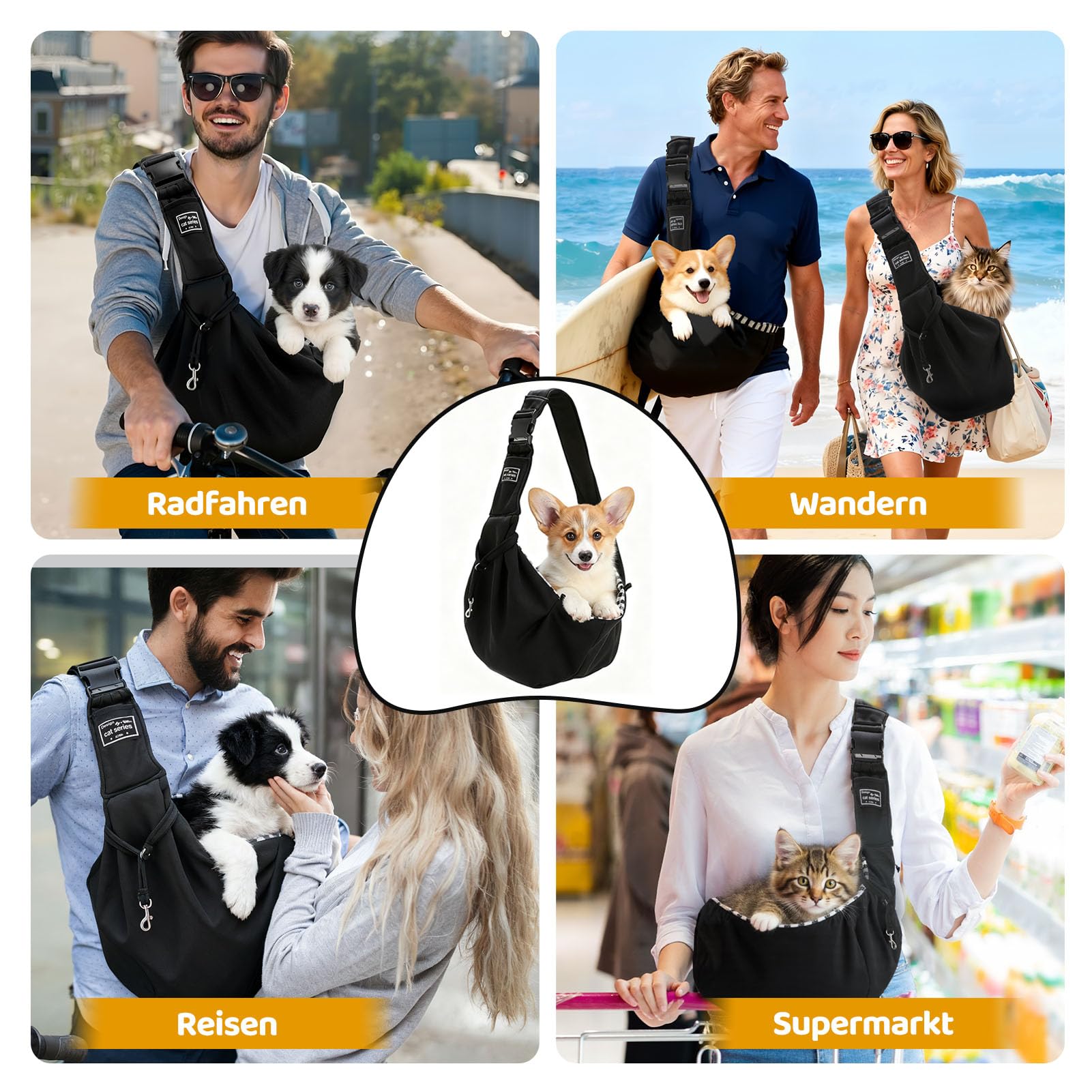 Sac de Transport pour Chien Chat Jusqu’à 7.5 KG, Réglable Sac de Transport avec Corde de Sécurité pour Petit Animaux, Sac à Bandoulière pour L'extérieur, Les Voyages, Le Métro