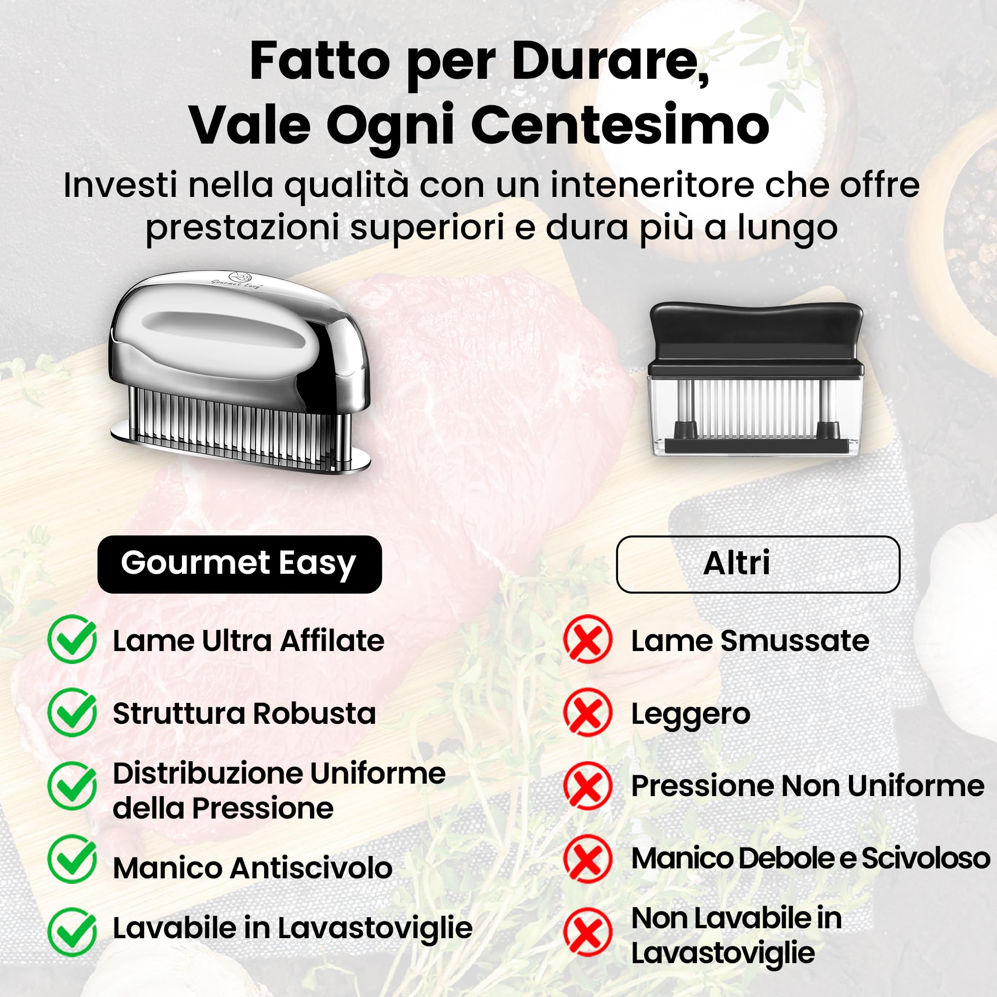 Batticarne con lame ultra-affilate - Batticarne acciaio inox Steaker in acciaio inossidabile al 100% - Batticarne per intenerire manzo/pollo/maiale/bistecca- Batti carne cucina professionalelavabile