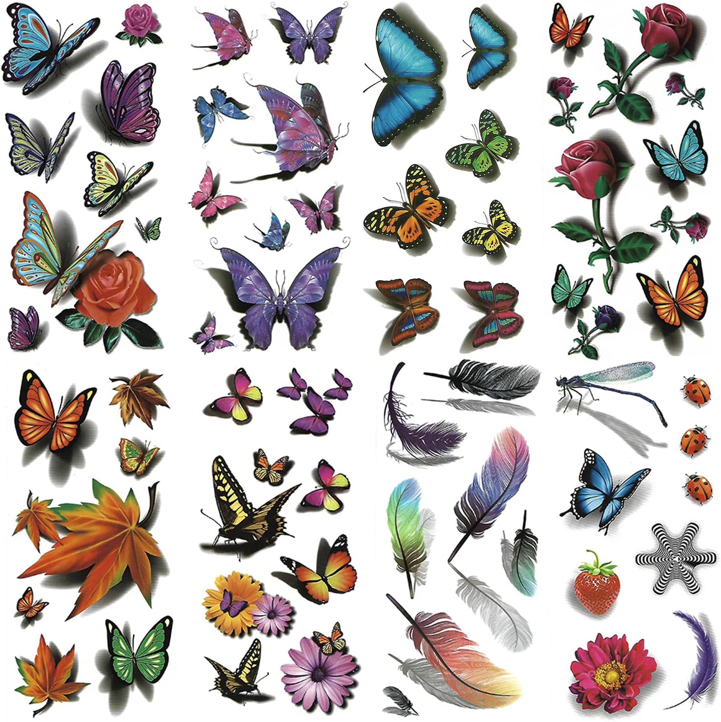 Temporary Tattoos for Women 8 Large sheets 3D Butterfly Tattoo Stickers Waterproof Flowers Dragonfly for Girls. (style 2)