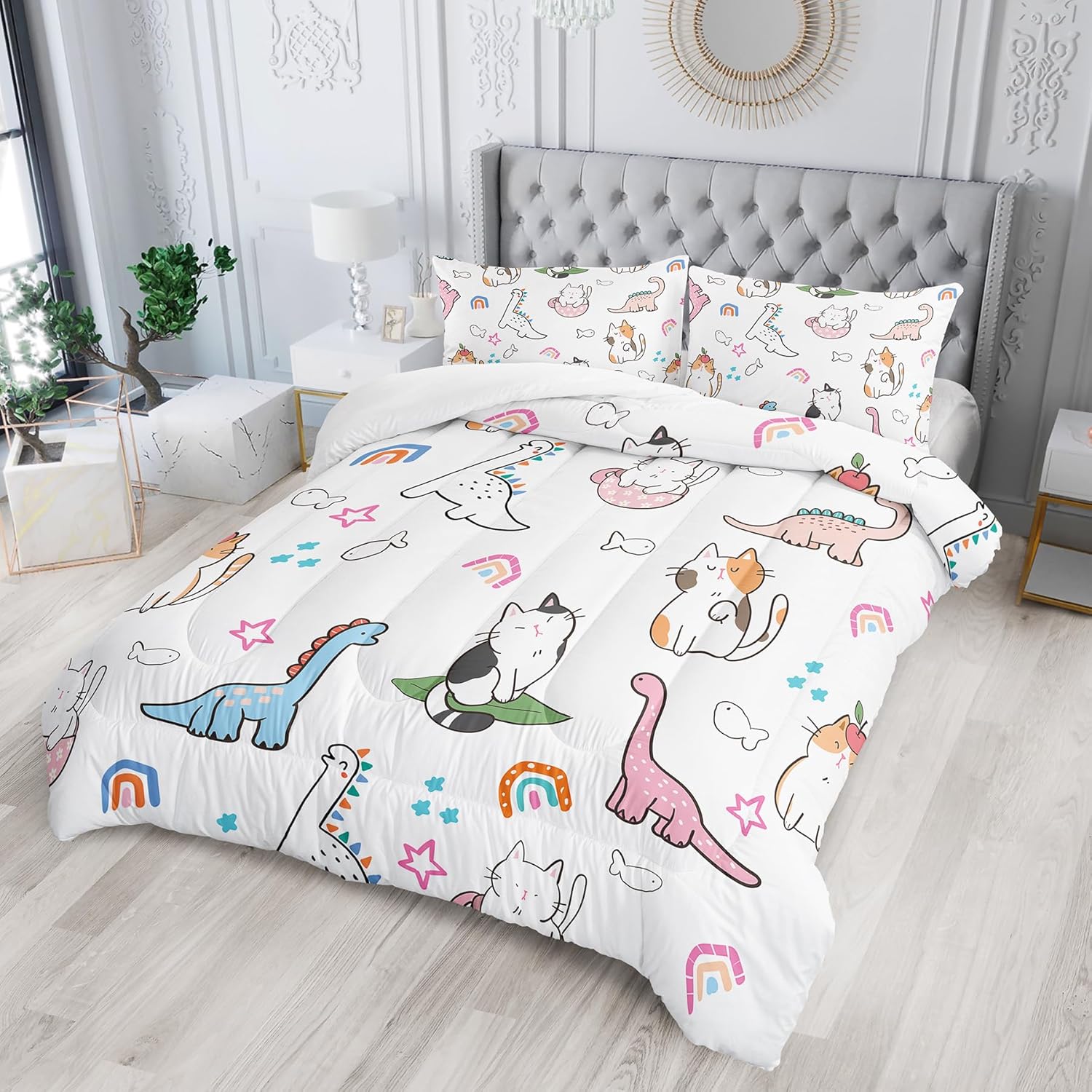 Twin cat Comforter Set for Girls,Kawaii Dinosaur Bedding Set,Cute Twin Dinosaur Comforter for Teen Girls cat Bedding Set Twin Size Room Decor,with 1 Quilt and 2 Pillowcases