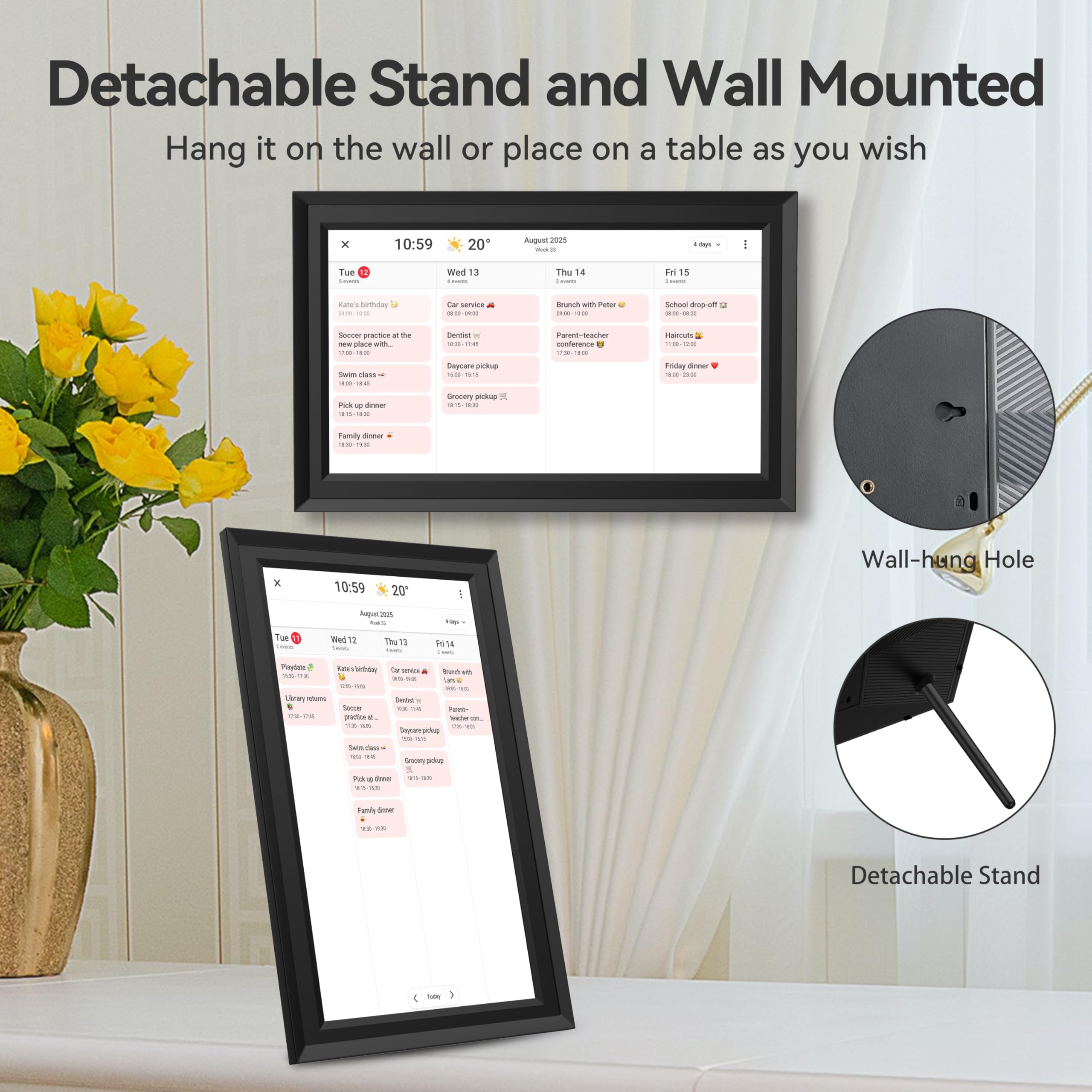 Cadre Photo numérique Wi-FI de 15,6 ", écran Tactile IPS, 1366 x 768, Noyer 32G, partagez des Photos ou des vidéos Via l'application Frameo Cadres Video Grand Format Rotation Automatique