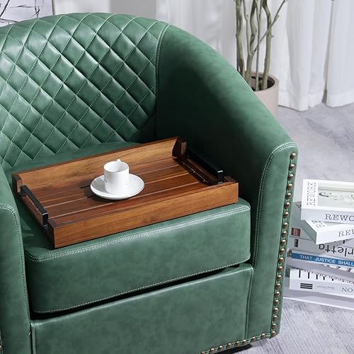 Miniatura 6 de Bandeja de madera de acacia de 17 x 11 pulgadas con mango de hierro negro. Bandeja decorativa para café, whisky, bandeja de madera para cocina, sala