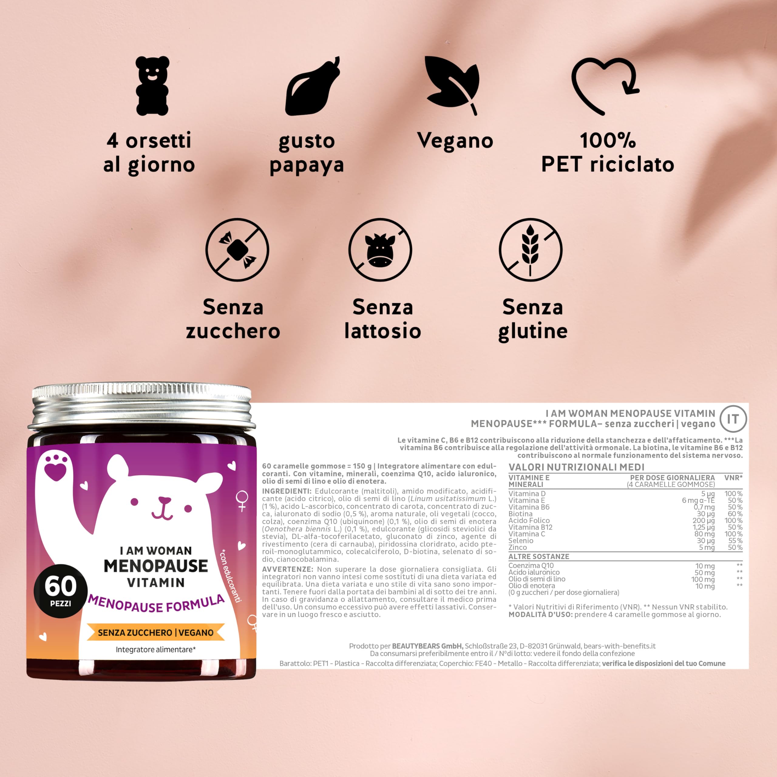 I am Woman Menopause - Complesso vitaminico B per la Menopausa, con Olio di Enotera, Biotina, Selenio, Acido Folico, Zinco - 60 Pezzi, Senza Zucchero, Vegan - Bears with Benefits