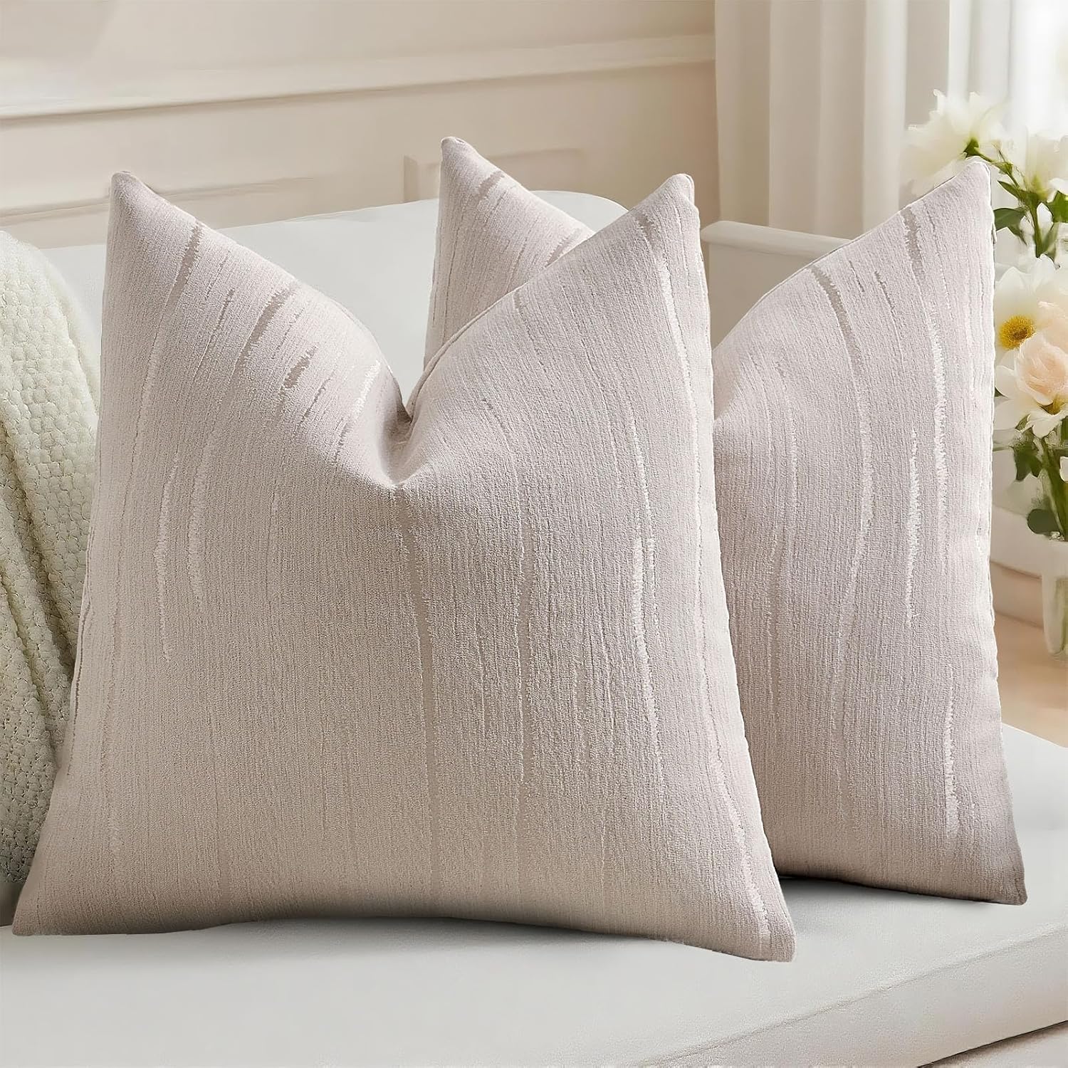 HAUSSY Cream Throw Pillow Covers 22x22 Inch Set of 2, Boho Embossed Striped Textured Decorative Pillowcases Soft Chenille Cushion Cases, Modern Home Decor for Couch Bed Living Room