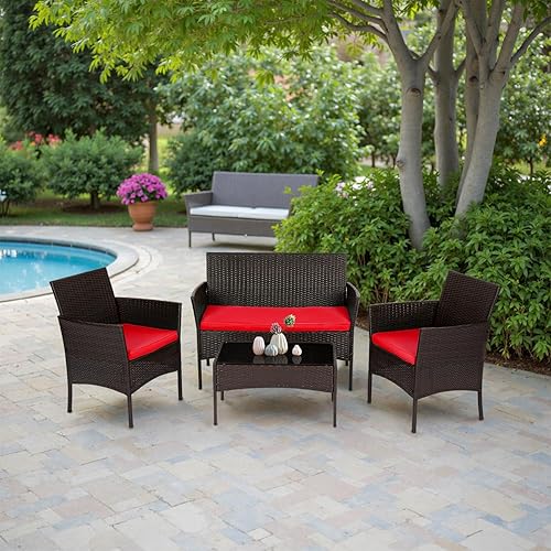 Miniatura 7 de FDW - Juego de muebles de mimbre de 4 piezas para patio juego de sillas de ratán modernas y mesa auxiliar para exteriores, resistentes a la