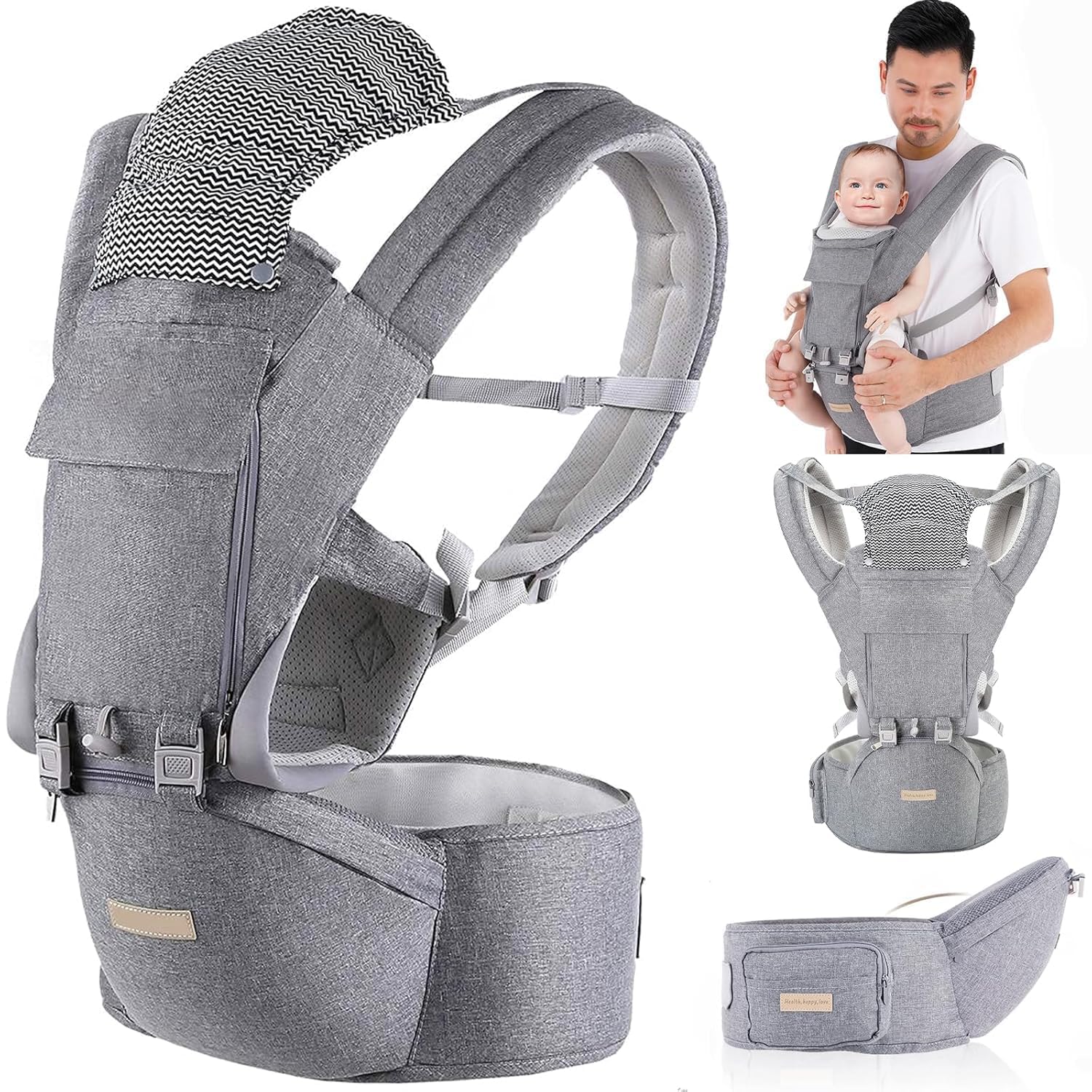 Fascia Neonato, 9-in-1 Regolabile Marsupio Neonati Ergonomico, Confortevole e Leggero, Sedile con Supporto Lombare, Marsupio Bambino da 0-36 Mesi, Ideale per Genitori a Mani Libere, Grigio