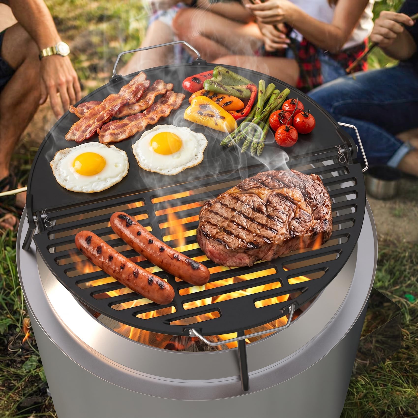 Onlyfire Żeliwna płyta grillowa Solo, bezdymny Bonfire, 49,5 cm, składany grill i płyta grillowa 2 w 1 z kubkiem tłuszczu do grilla na podwórku i na świeżym powietrzu
