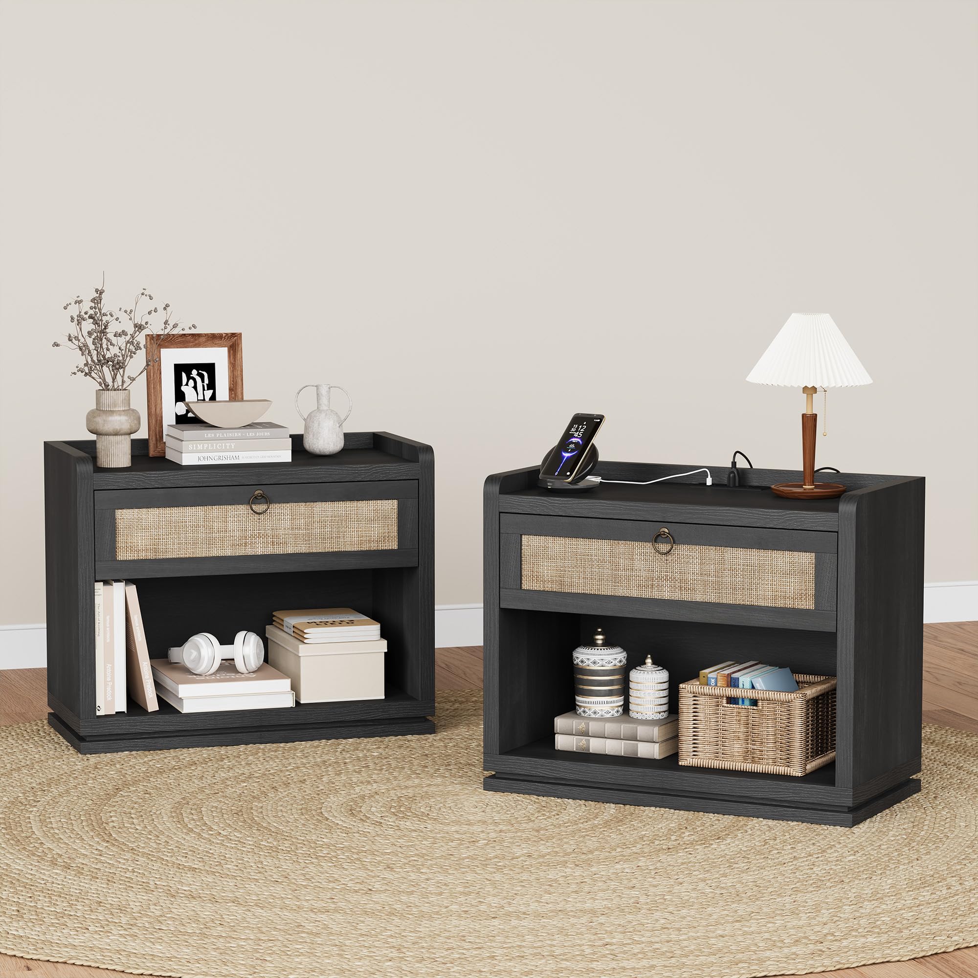 31" Wide Rattan Nightstand with Charging Station, End Side Table