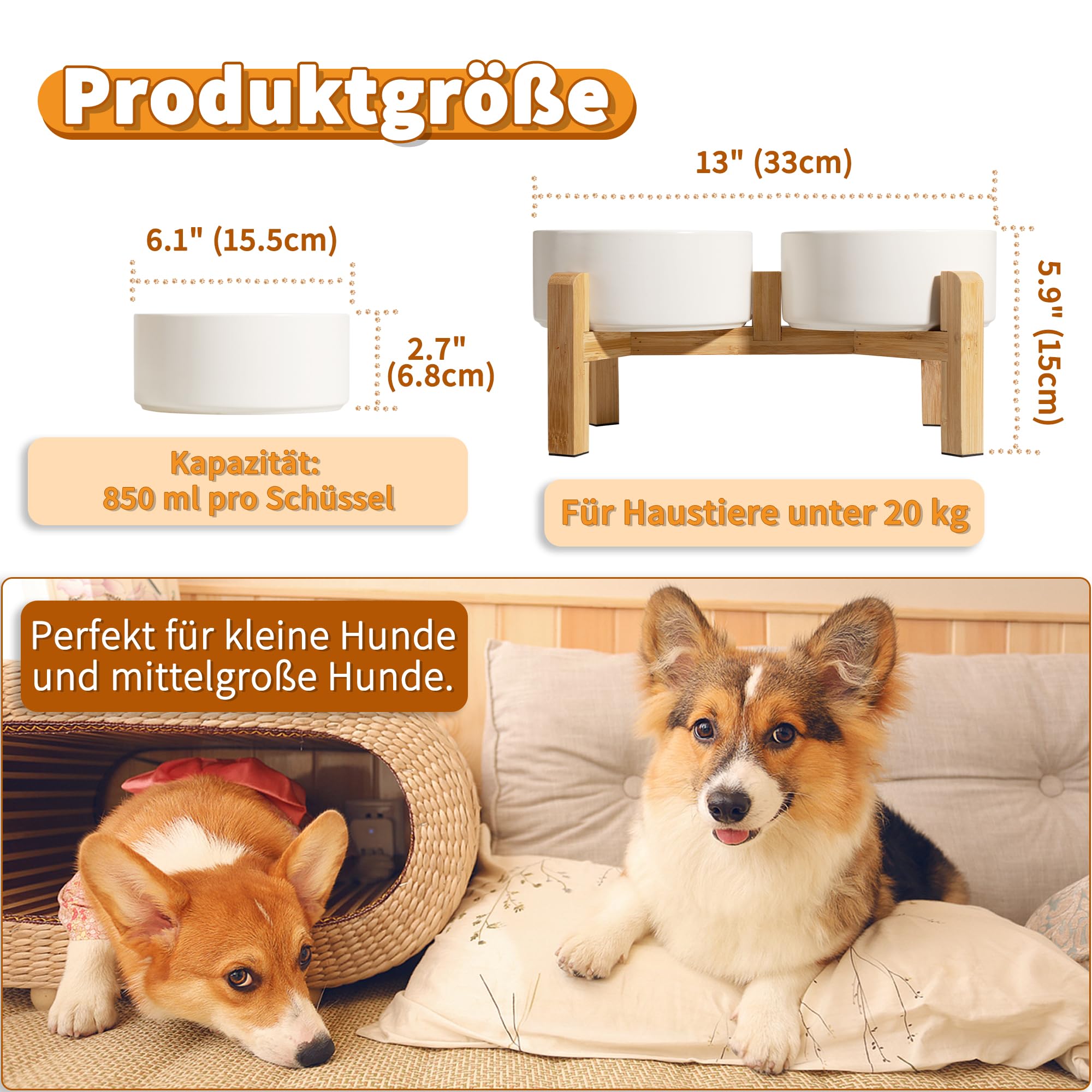 Hundenapf Set Erhöht Hunde Napfset - Doppel Napf Hund Keramik mit rutschfestem Ständer - Erhöhte Futterstation Hund 2er Set für Futter und Wasser - Ideal für kleine und mittelgroße Hunde - 2 x 850 ml