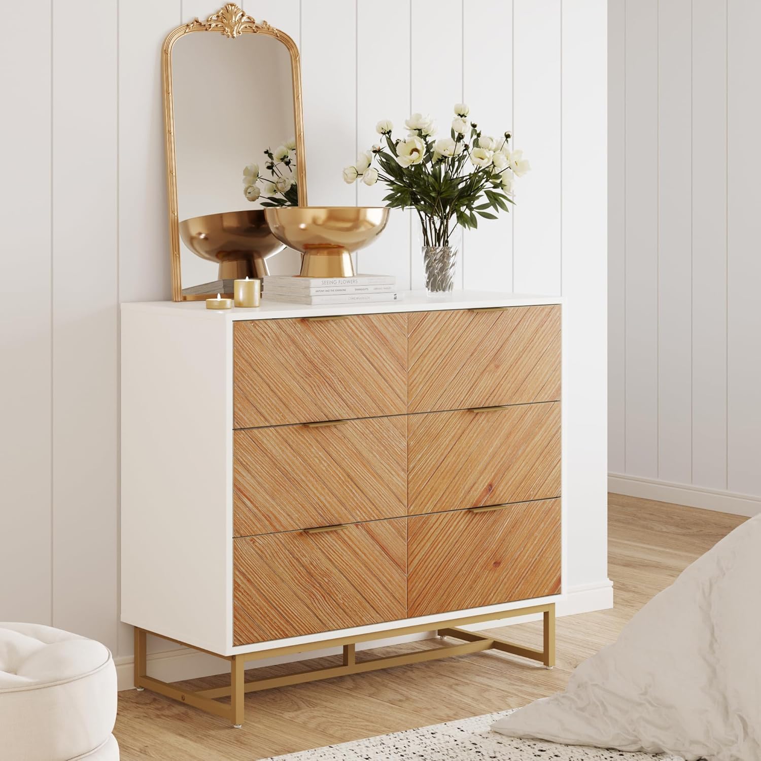 Nathan James Enloe Boho 3-Drawer Dresser for Bedroom, Wood Dresser with Deep Drawers, Metal Legs and Drawer Pulls, White