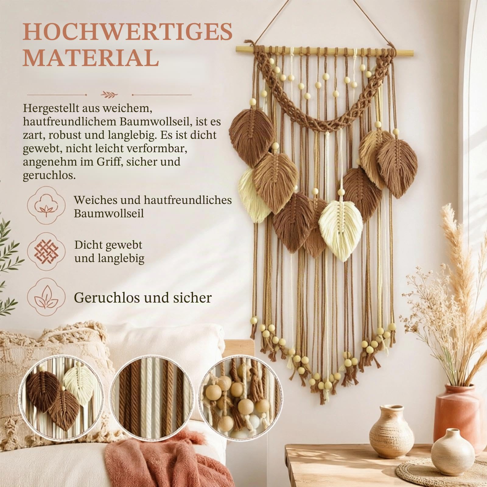 DIYCUT Handgewebt Wandteppich Boho, Blattdekoration Wandteppich, Bohème-Stil Wandbehang, Geeignet Für Schlafzimmer, Wohnzimmer, Arbeitszimmer Usw – Braun