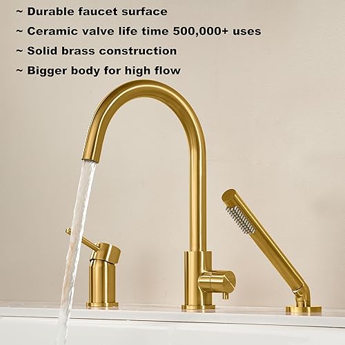 Miniatura 22 de Grifo de bañera de montaje en cubierta negro con rociador, grifos de bañera de alto flujo, grifo de baño de latón con mango montado en la ducha