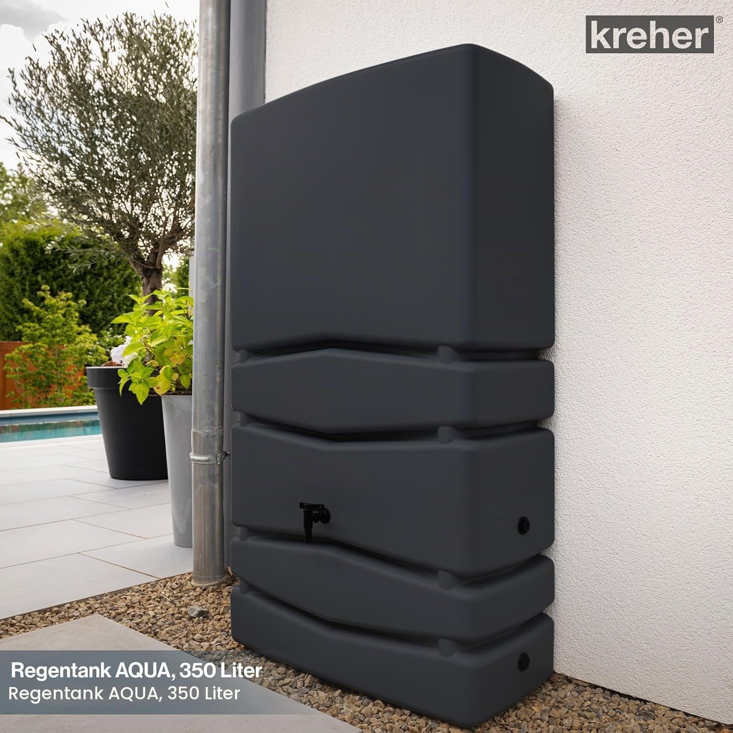 Kreher Regentonne XXL Aqua Tower 2er-Set Kunststoff (Anthrazit, 2 x 350 L) | Wassertonnen mit Verbindungsstück im schlichten Design, ideal zur Regenwassersammlung im Garten