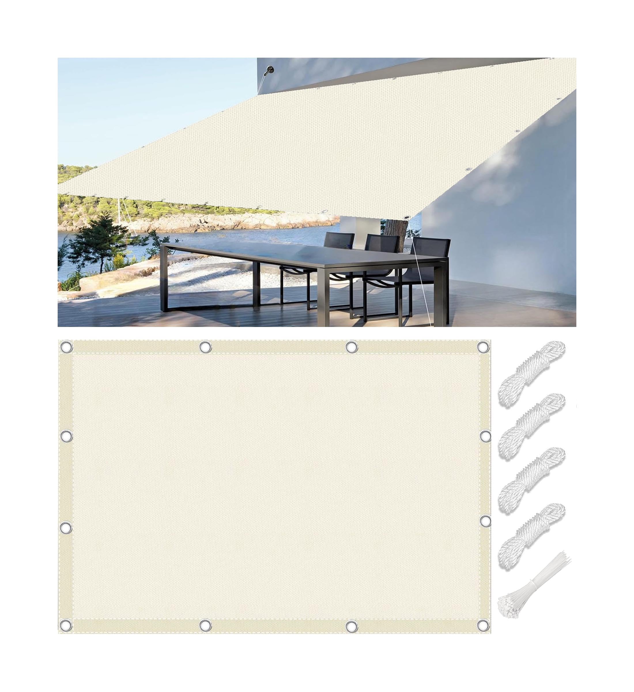Sun Shade Cloth 4x6M Rectangular Sun Shade Sail with Grommets Waterproof Polyester Sunscreen Awning Canopy Wind Protection for Outdoor Patio Yard Terrace Carport Cream
