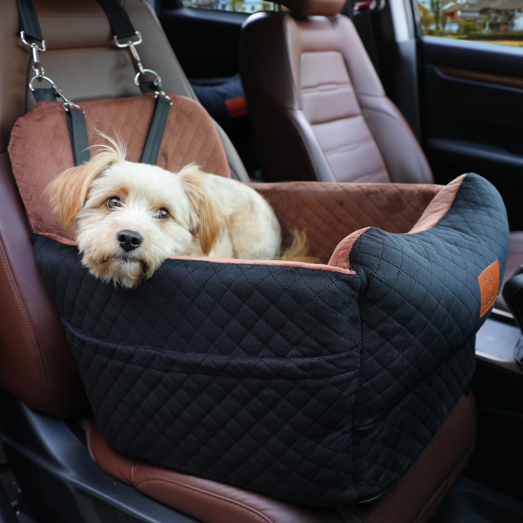 Dog Car Seat for Small Medium Dogs,Portable Pet Booster Seat with Safety Strap & Removable Washable Pad,Memory Foam Dog Travel Bed for Car,SOFE Velvet for Puppies Cats（M-Black/Brown） - image 2