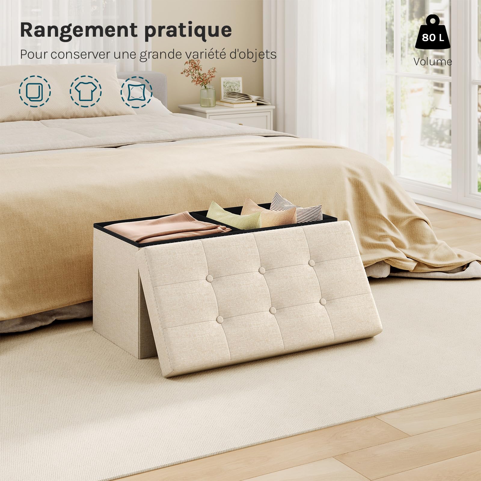 WOLTU Tabouret Banc de Rangement en Lin,Pouf Pliable, Cube Coffre de Rangement 76x37,5x38cm,Beige