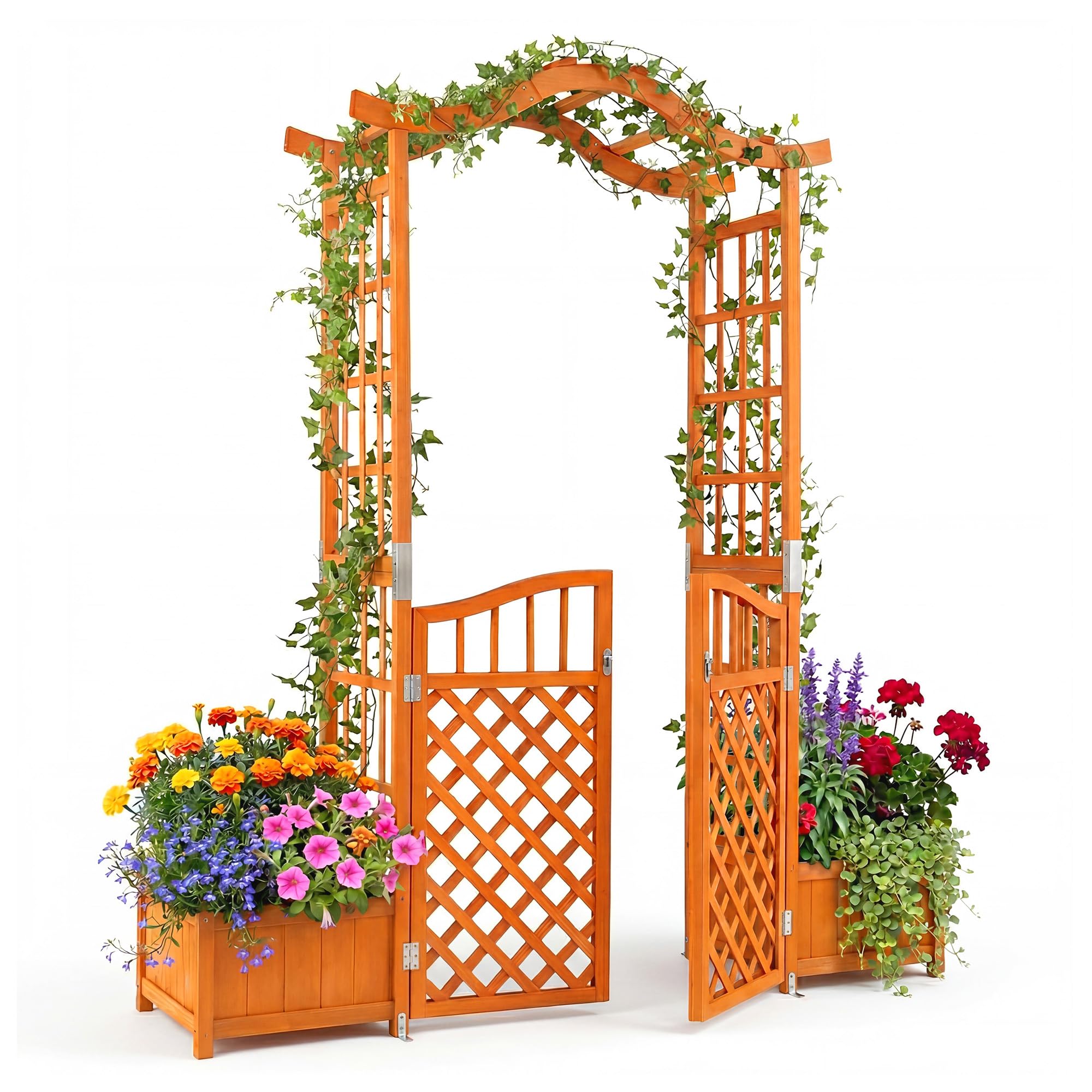 TANGZON Wooden Garden Arch with Gate, 210 cm Arbour Trellis