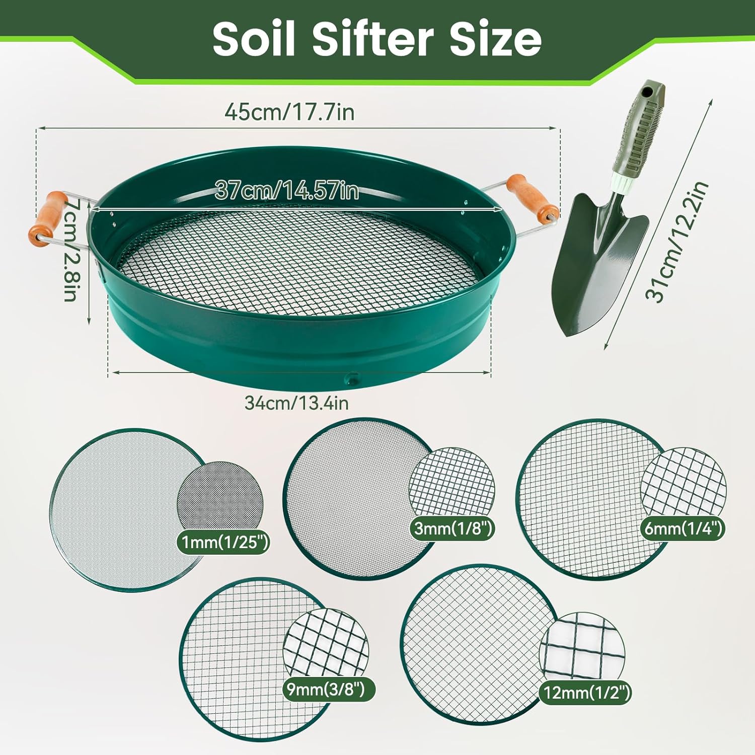 Large 14.57" Soil Sifter with 5 Interchangeable Stainless Steel Mesh Screens (1/3/6/9/12mm) + Stainless Steel Hand Trowel + Galvanized Garden Sieve for Compost, Sand, Gravel & Cat Litter (Green)