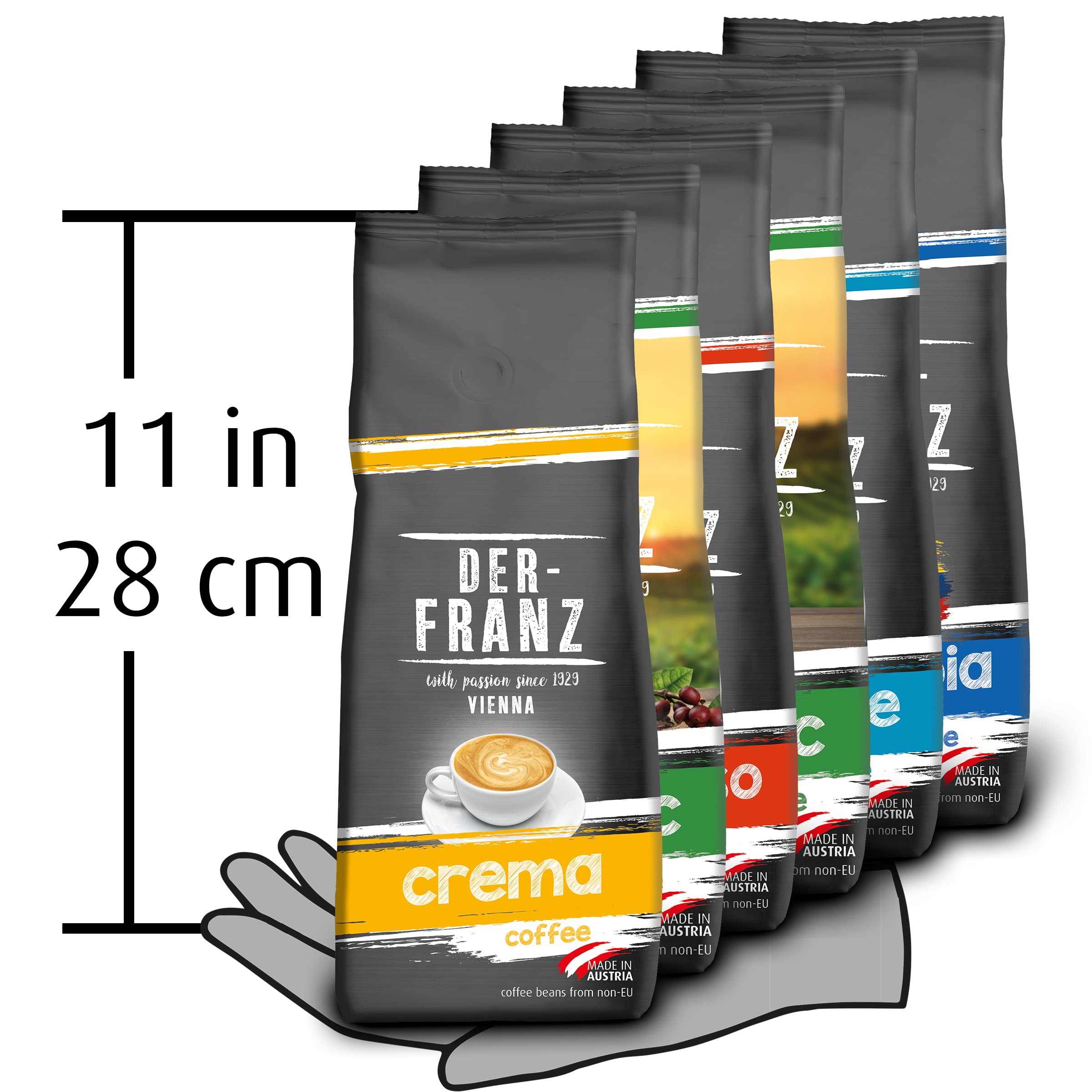 Der-Franz Café Pack, en grains, 6 x 500 g (1 x Crema, 1 x Espresso, 1 x Melange, 1 x Colombie, 1 x Espresso bio, 1 x Crema bio)