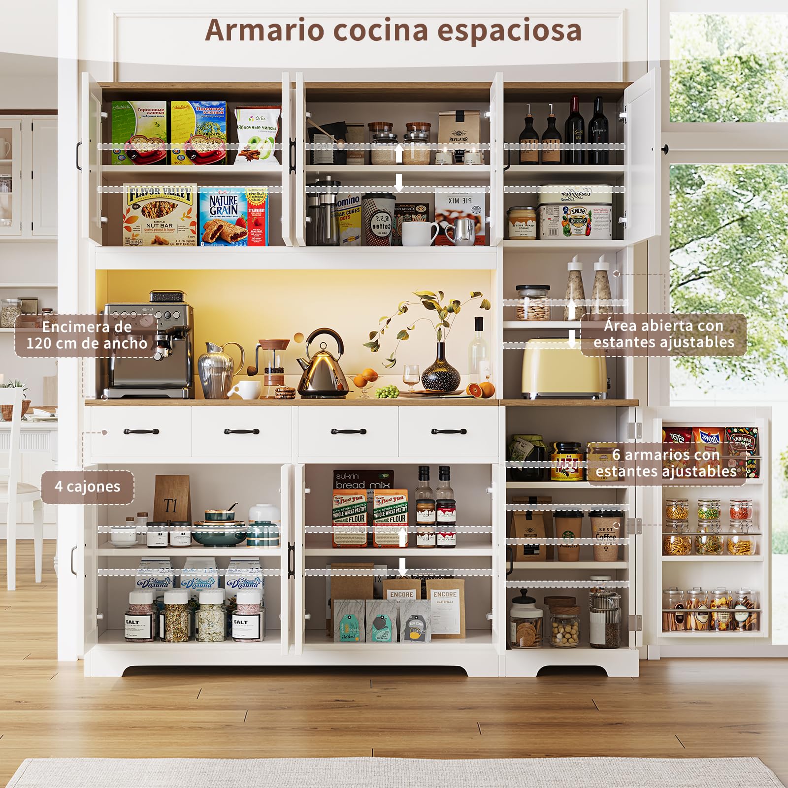 Alacena cocina 180 cm LED carga 4 cajones 6 estantes ajustables – Organizador cocina rústico, mueble auxiliar comedor Blanco