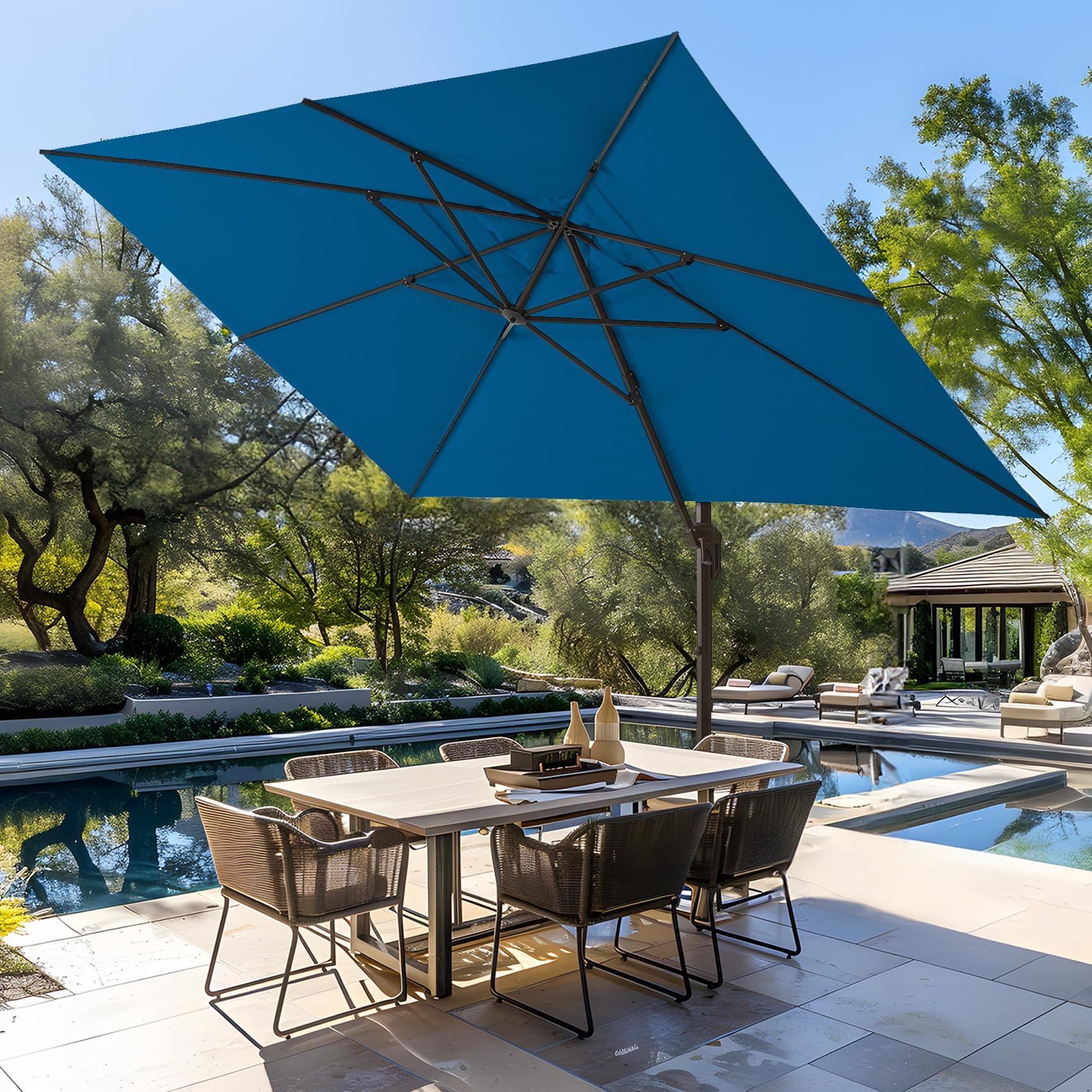 wikiwiki 10 FT Square Cantilever Patio Umbrella Outdoor Offset Umbrella w/ 36 Month Fade Resistance Recycled Fabric, 6-Level 360°Rotation Aluminum Pole for Deck Pool, Royal Blue