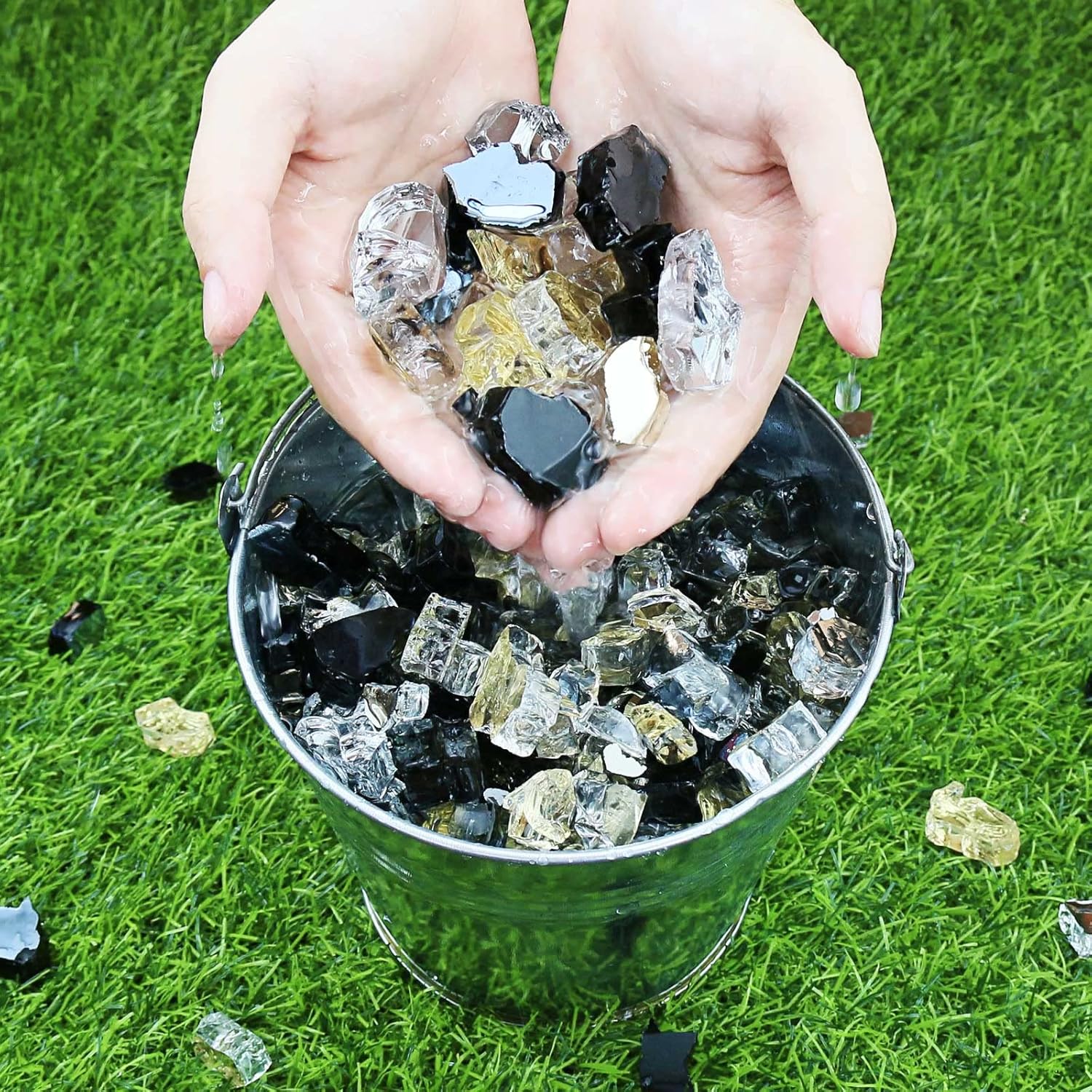 GRISUN 30 Pounds Fire Glass for Fire Pit - 1/2 inch High Luster Reflective Tempered Glass Rocks, Decorative for Natural or Propane Fireplace, Blend of Ultra Clear, Gold, Black