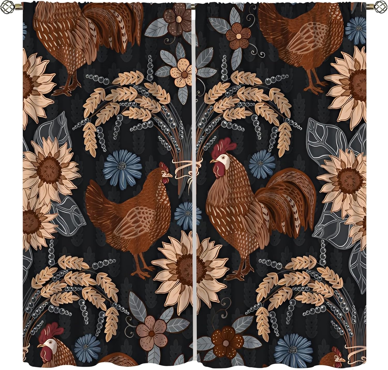 Retro Rooster Blackout Curtains, Rural Country Animal Chicken Wheat Sunflower Rod Pocket Thermal Drapes for Kitchen Bedroom Living Room 2 Panel Sets, 52x84 Inch
