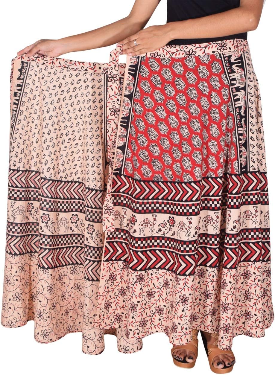 Kanika Fashion Women's Cotton Jaipuri Print Wrap Around Maxi Ankle Length Skirt (Multicolour, Xxl)