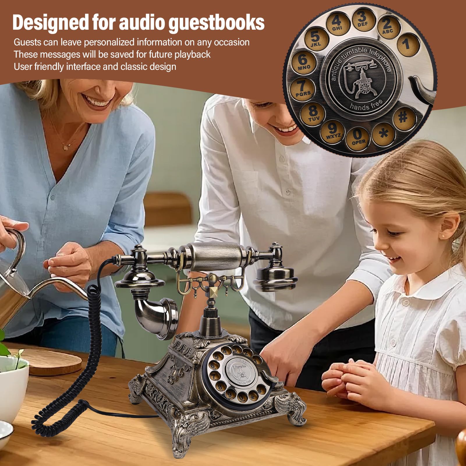 Audio -Book Guest Telefon, Retro i Praktyczne 32G pojemność Audio Guest Book Telefon, Spersonalizowany Nagrywanie Telefonu Retro, na Przyjęcie Weselne (Antyczny mosiądz kolor)