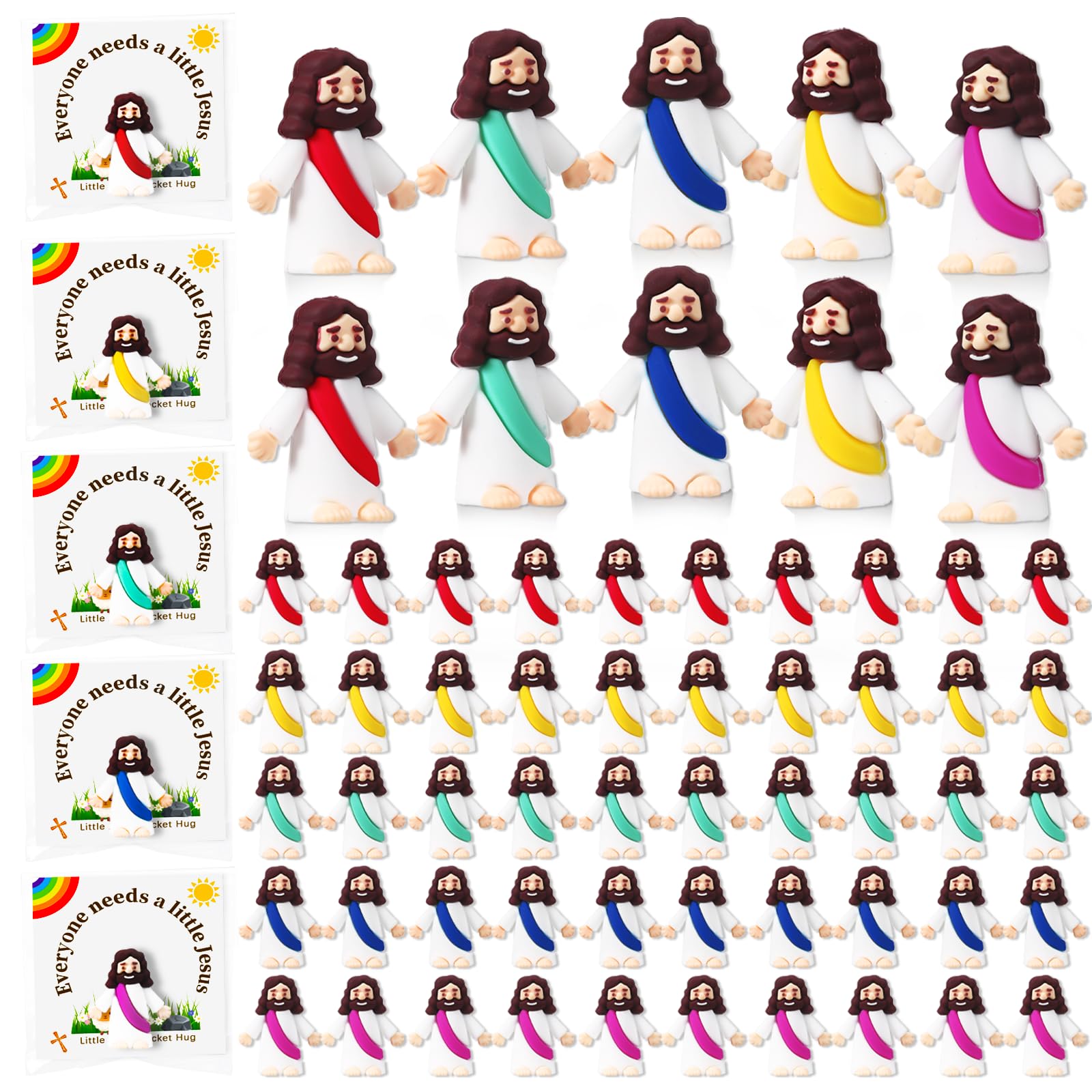 WGXX 50 Sets Little Jesus Figurines Bulk Mini Jesus Figurines Set with 50 Prayer Card 50 Bags Religious Party Favors, Church, Baptism Gifts Stuffers