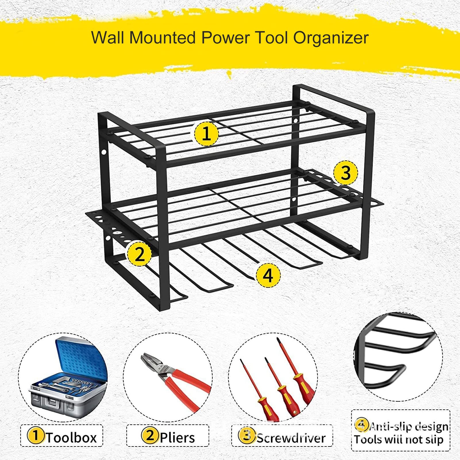 Power Tool Organizer, 2-laags Heavy-duty Metalen Opbergrek Met 4 Boorhouders Voor Draadloze Boormachine, Wandgemonteerd Elektrisch Gereedschap Opbergrek Voor Garage-organisatie Power Tool Organizer, 2-laags Heavy-duty Metalen Opbergrek Met 4 Boorhouders Voor Draadloze Boormachine, Wandgemonteerd Elektrisch Gereedschap Opbergrek Voor Garage-organisatie