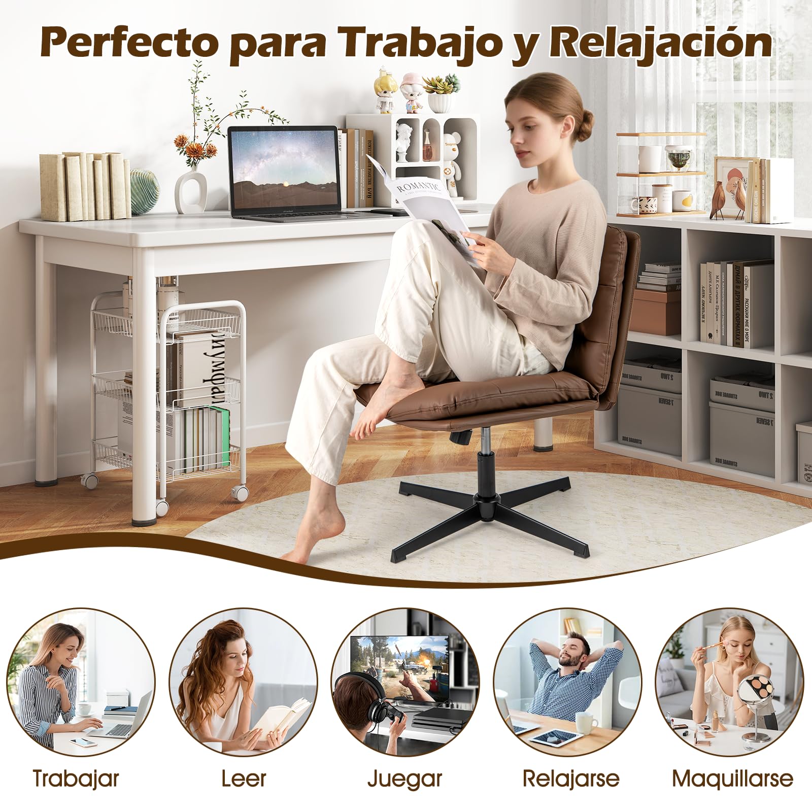 COSTWAY Silla Escritorio sin Ruedas y Reposabrazos, 88cm Silla Oficina Giratoria con Cojines, Silla Ergonómica con Asiento Acolchonado, Ajustable de Altura, para Dormitorio y Estudio (Marrón)