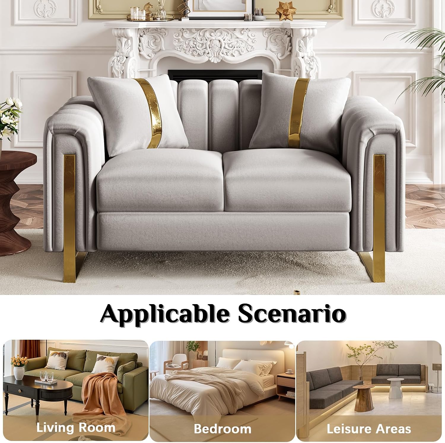 67" Chesterfield Sofa Luxury Velvet Couch Modern Silver Grey and Gold Sofa for Living Room, Mid Century Victorian Loveseat with Removable Cushions & 2 Toss Pillows & Gold Metal Legs, Silver Grey