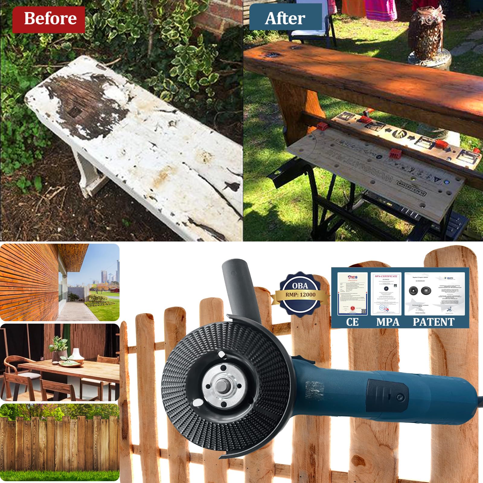 OBA Holz Schleifscheibe für Winkelschleifer 125mm, 3 Stück Holz Schleifen, Baumstumpf Entfernen, Frässcheibe zum Schleifen Schnitzen Formen - Automatisches Kühlloch