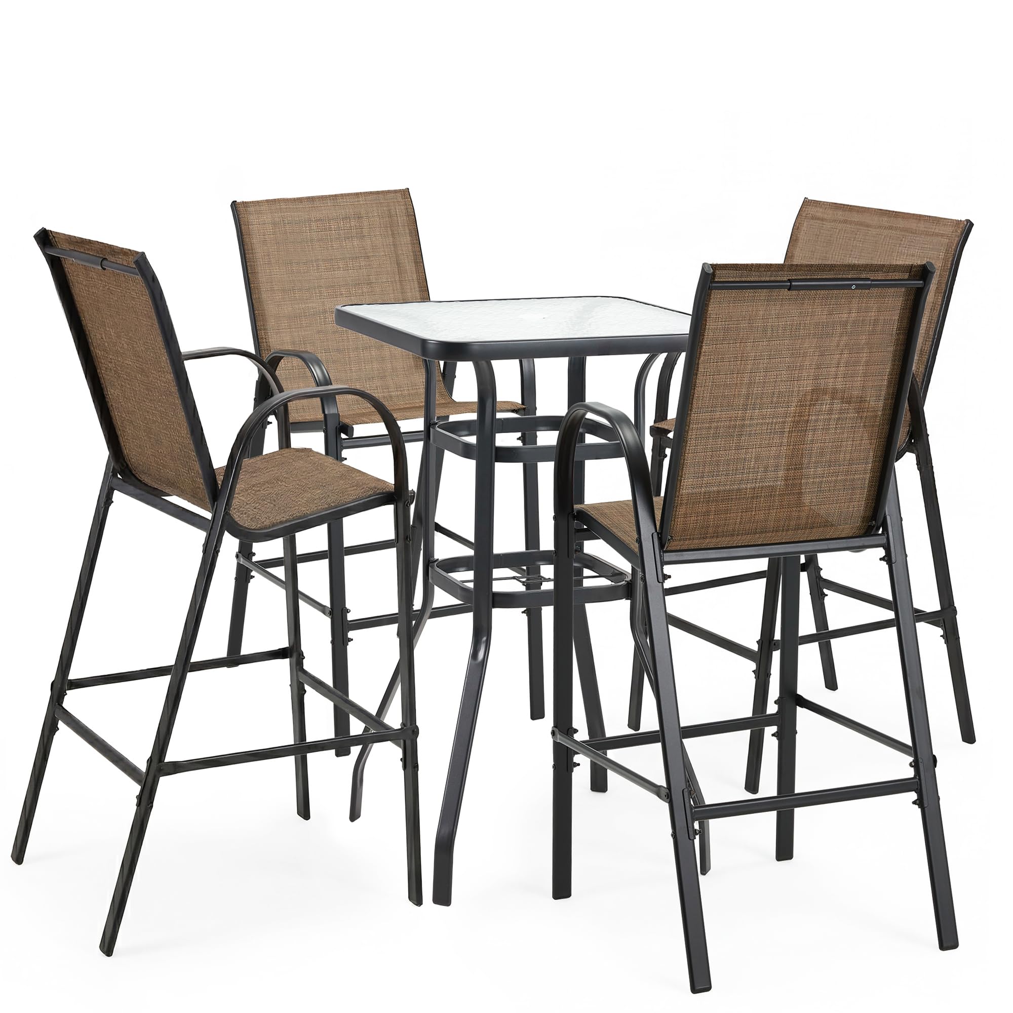 HOMREST Outdoor Bar Height Stools Set of 5,4 High Back Patio Bar Chairs with Outdoor High Top Table,All Weather Outdoor High Top Bistro Set Furniture for Patio,Balcony,Brown