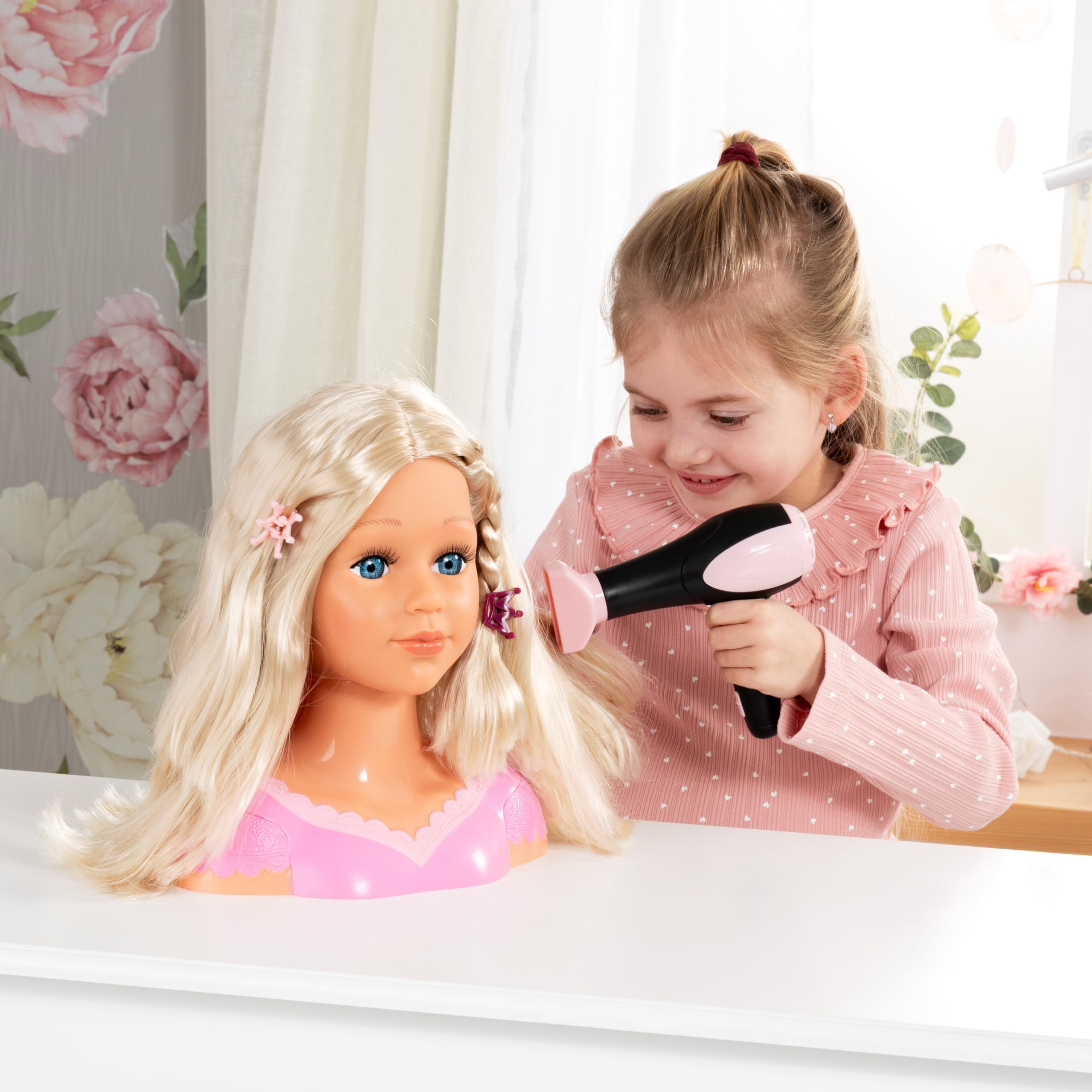 Bayer Design Charlene Super Model Testa da truccare e acconciare | Testa di bambola con accessori per capelli, strumenti per il trucco e un asciugacapelli con suoni e vento