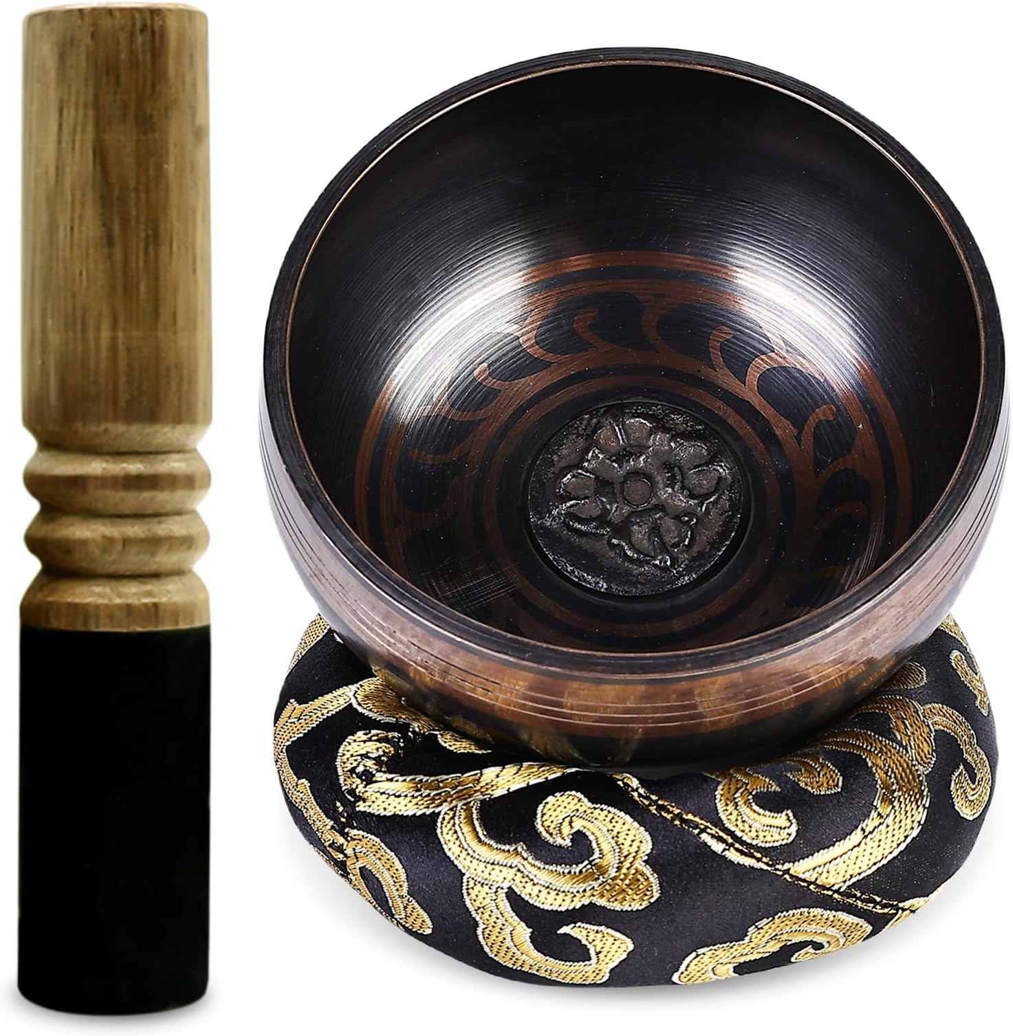 Tibetan Singing Bowl Set for Meditation and Yoga: Handcrafted Sound Bowl with Leather Clapper & Cushion, Chakra Healing Stress Relief Spiritual Gifts, Black Cushion (8 cm)